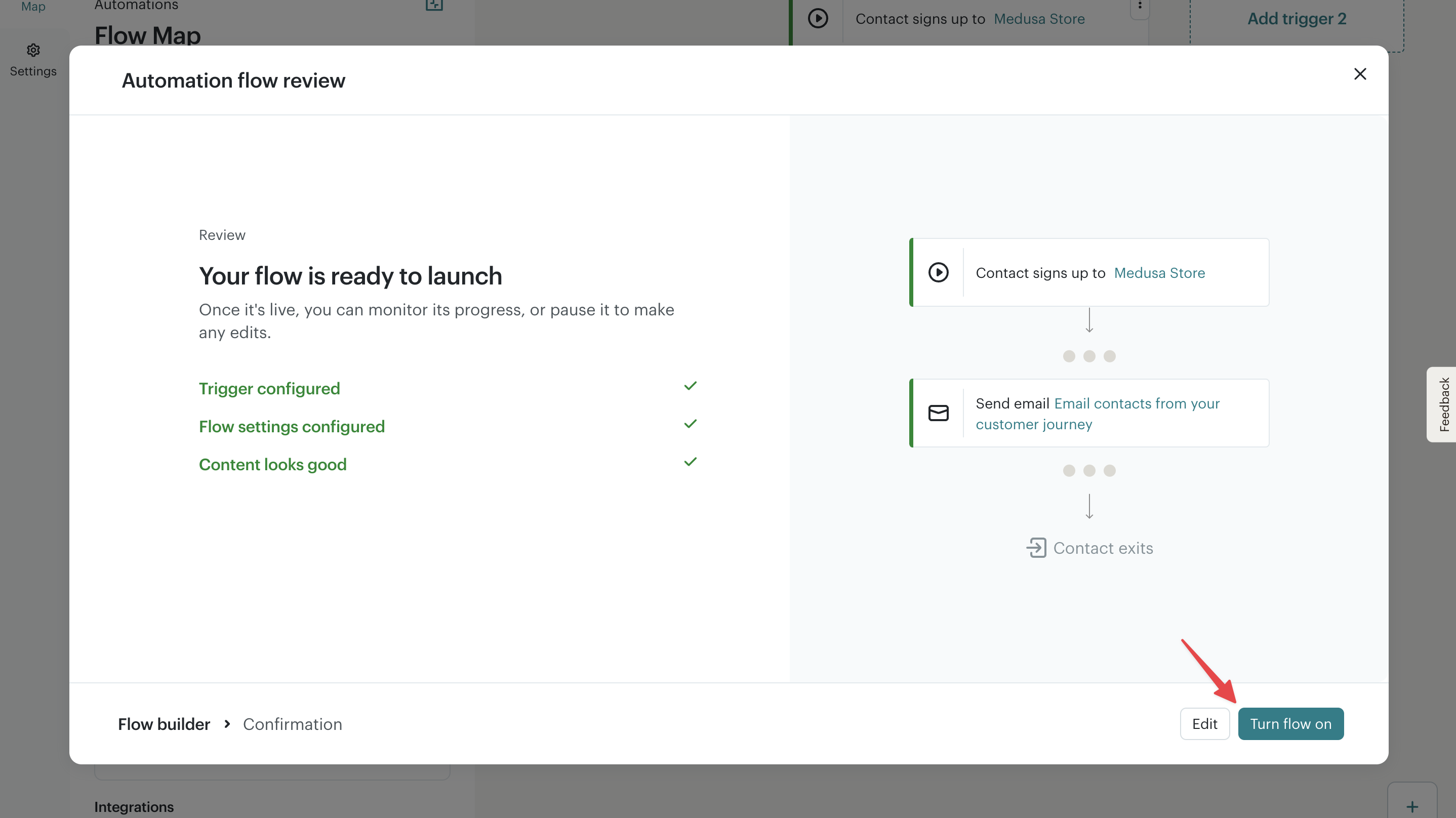 Mailchimp automation flow review pop-up with the Turn flow on button highlighted