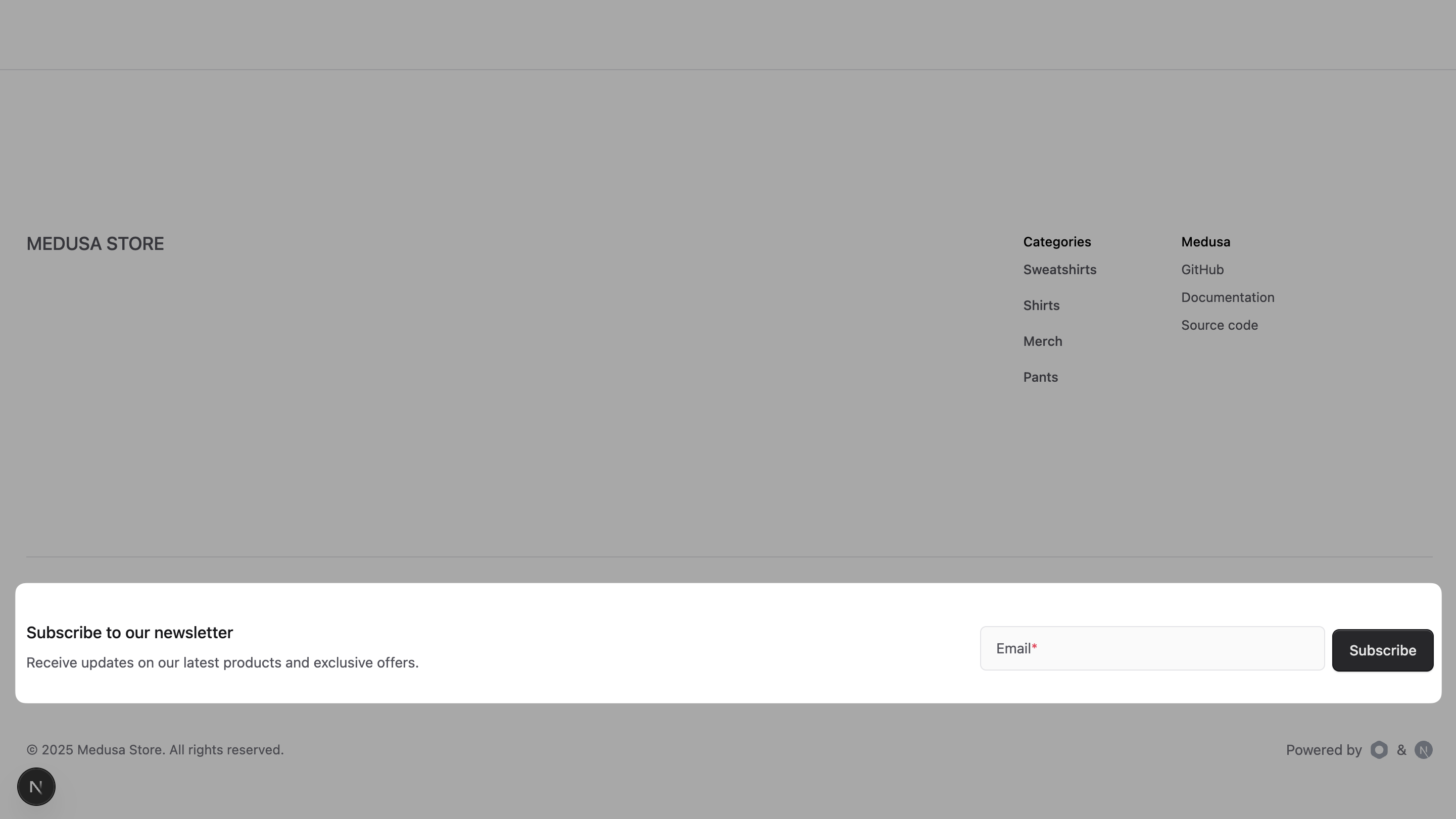 Next.js Starter Storefront with the newsletter subscription form in the footer