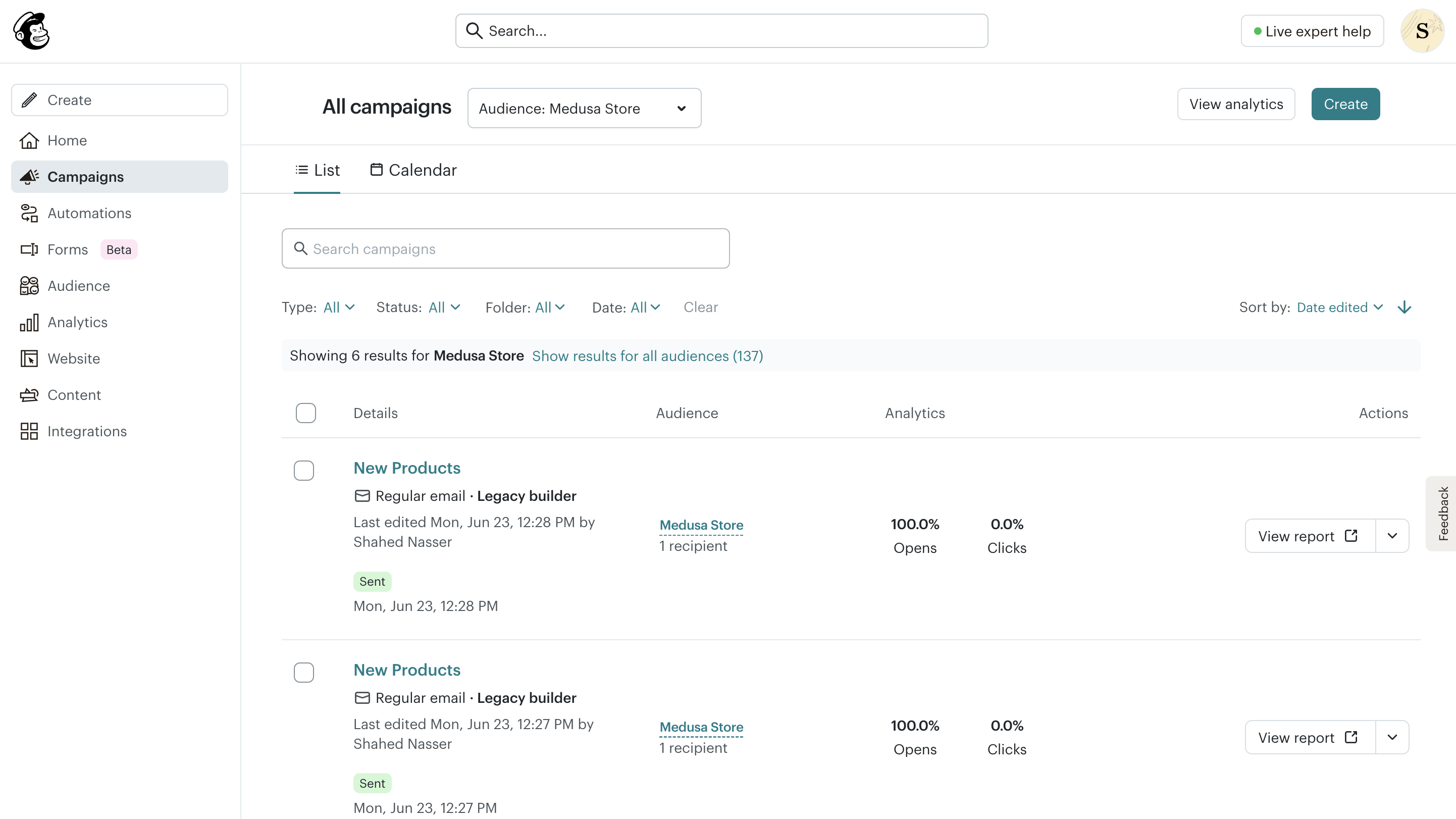 Mailchimp campaigns page with the New Products campaign highlighted