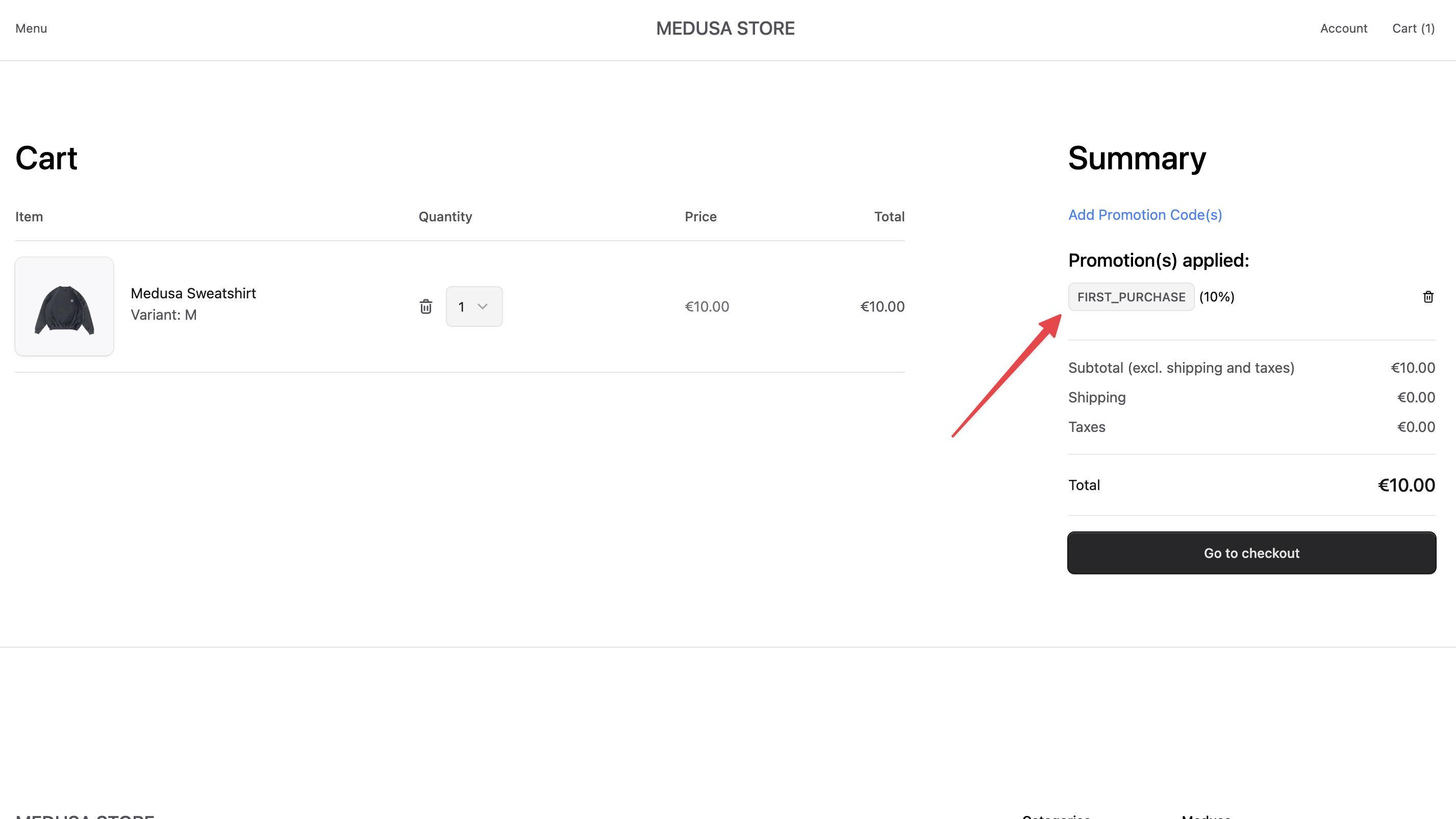 Cart page with first-purchase promotion applied