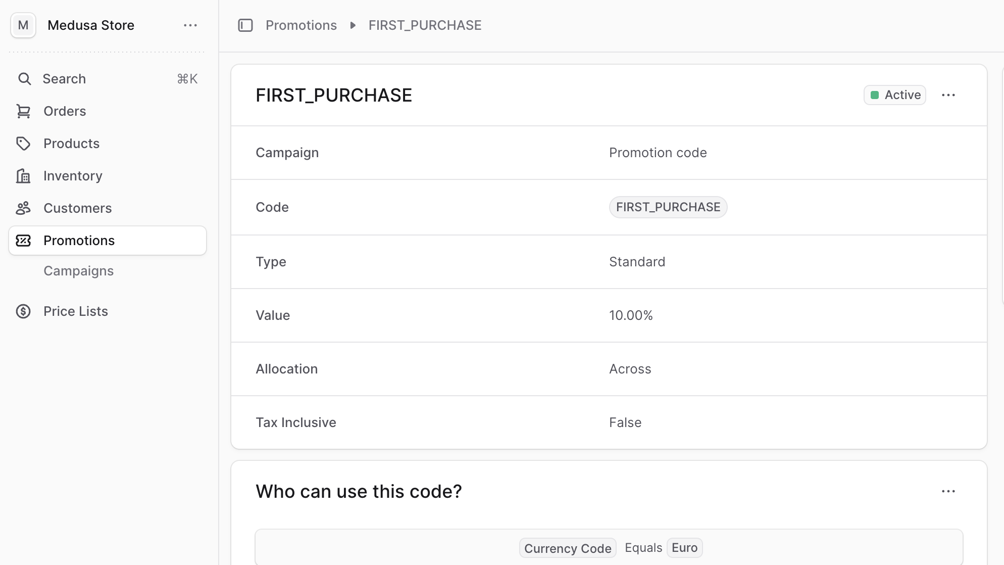 First-purchase promotion in Medusa Admin