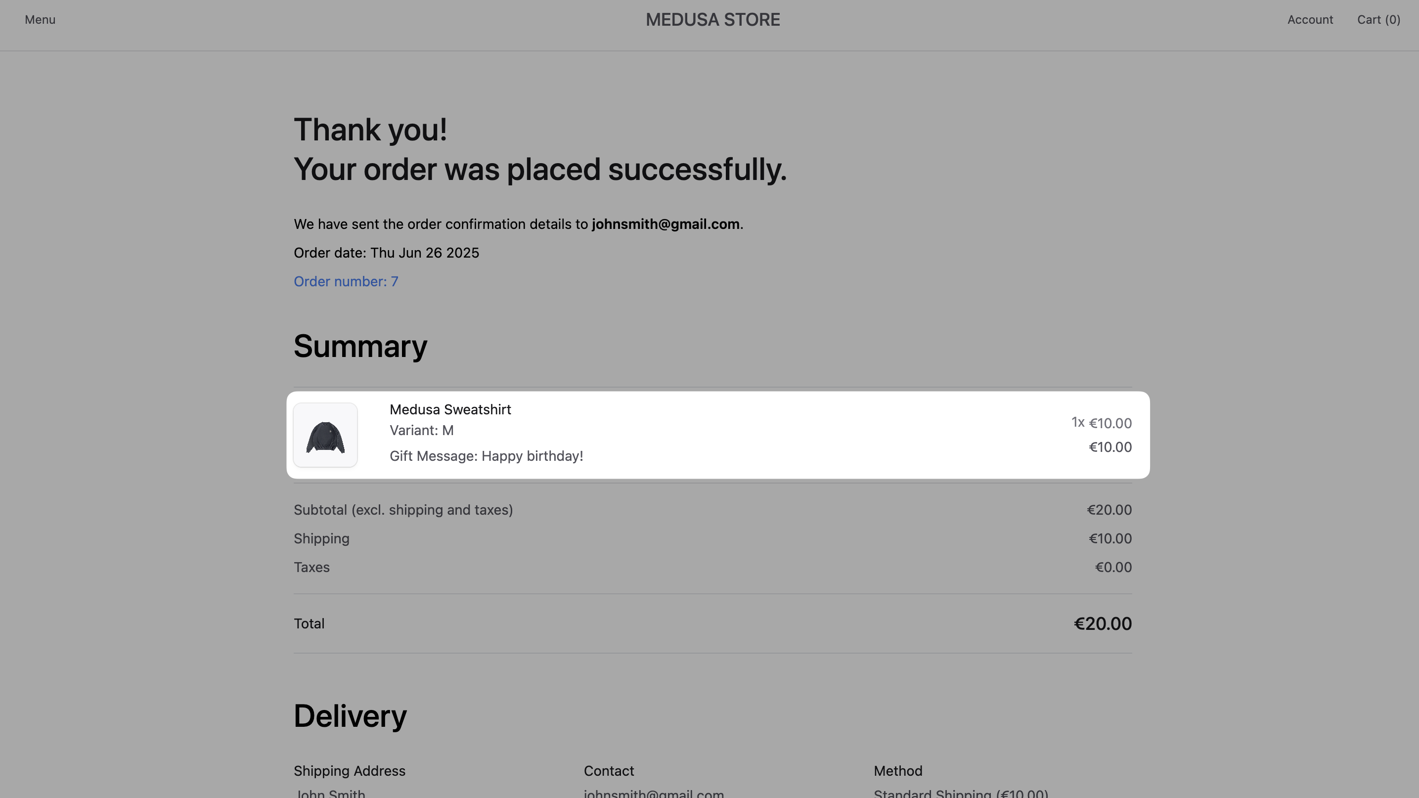 Gift message on order confirmation page