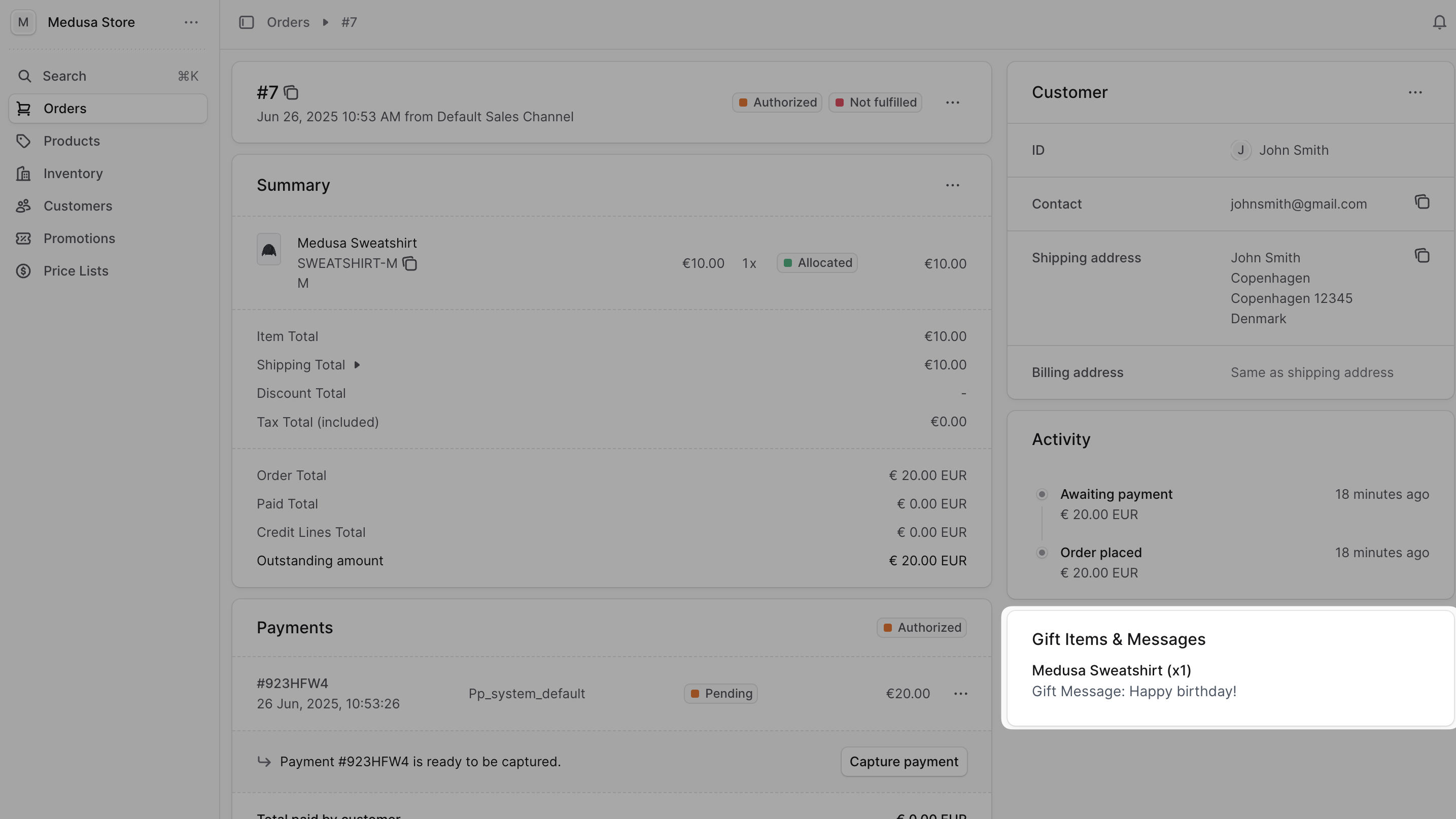 Order details page in the Medusa Admin with the "Gift Items & Messages" section highlighted