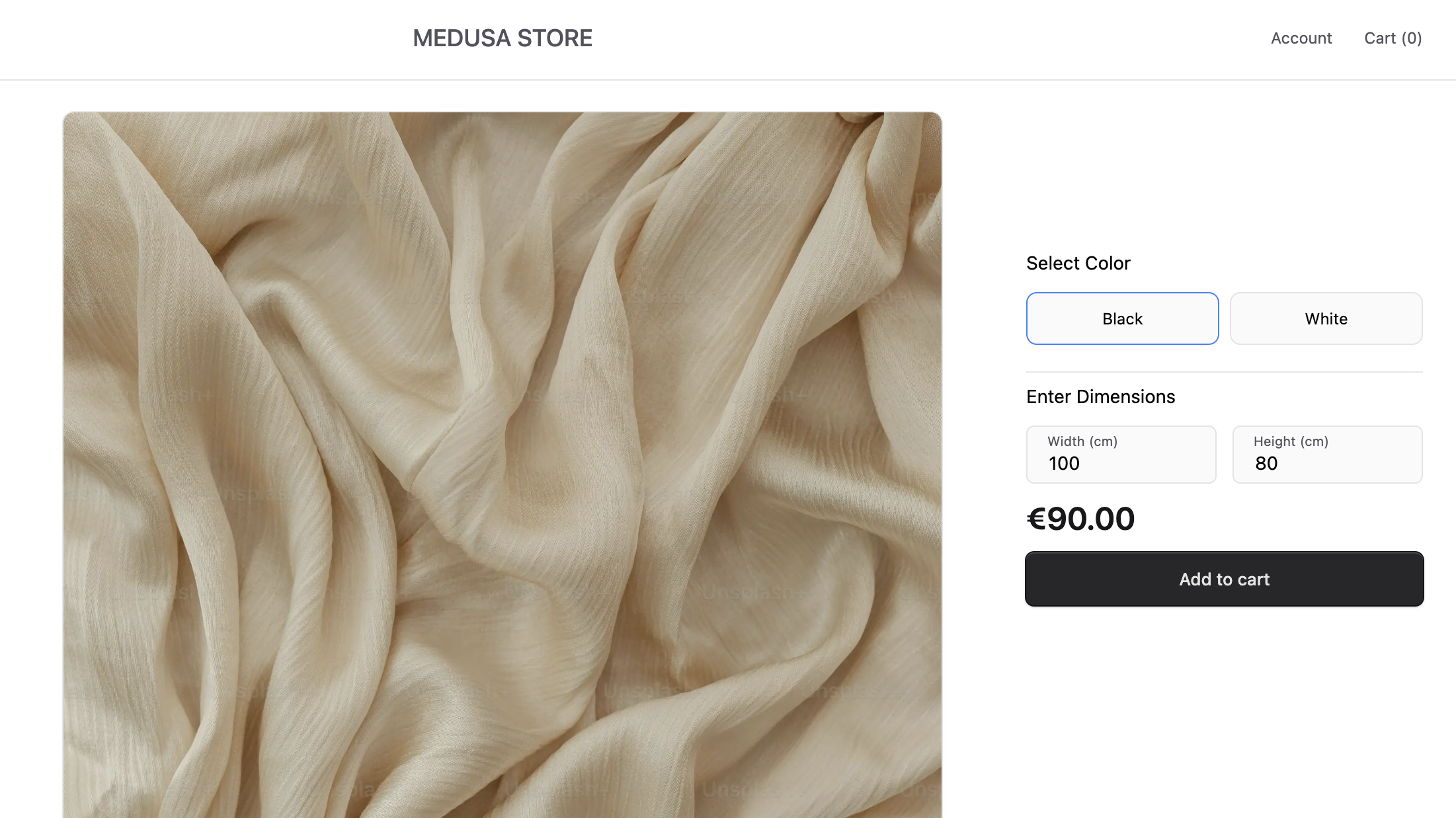 Screenshot of a product page in the Next.js storefront showing a fabric product with two input fields labeled 'Width (cm)' and 'Height (cm)' below the product options, and a calculated price displayed underneath the dimension inputs