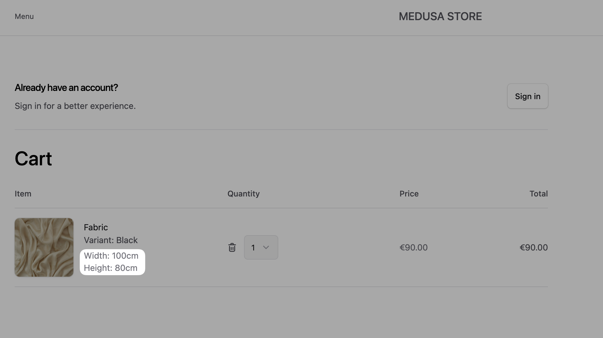 Screenshot of the shopping cart page showing a personalized fabric product with 'Width: 100cm' and 'Height: 80cm' displayed below the product variant information, demonstrating how custom dimensions are preserved in the cart