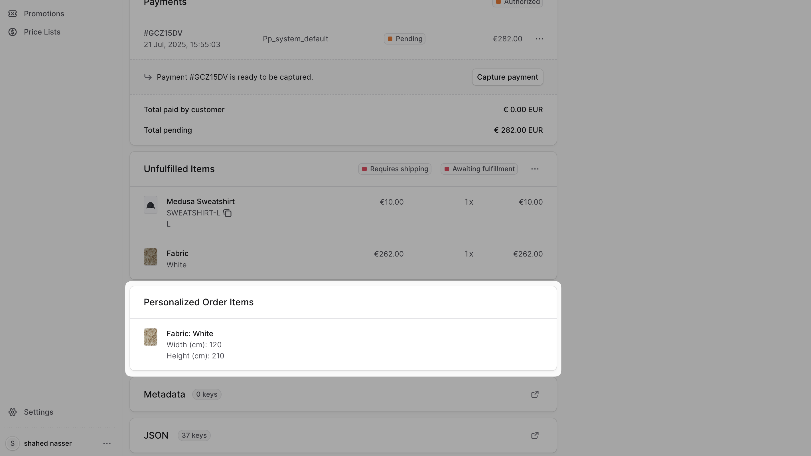 Screenshot of Medusa Admin order details page showing a custom widget titled 'Personalized Order Items' with a fabric product entry displaying the product image, title, and dimensions 'Width (cm): 100' and 'Height (cm): 80' in a clean list format