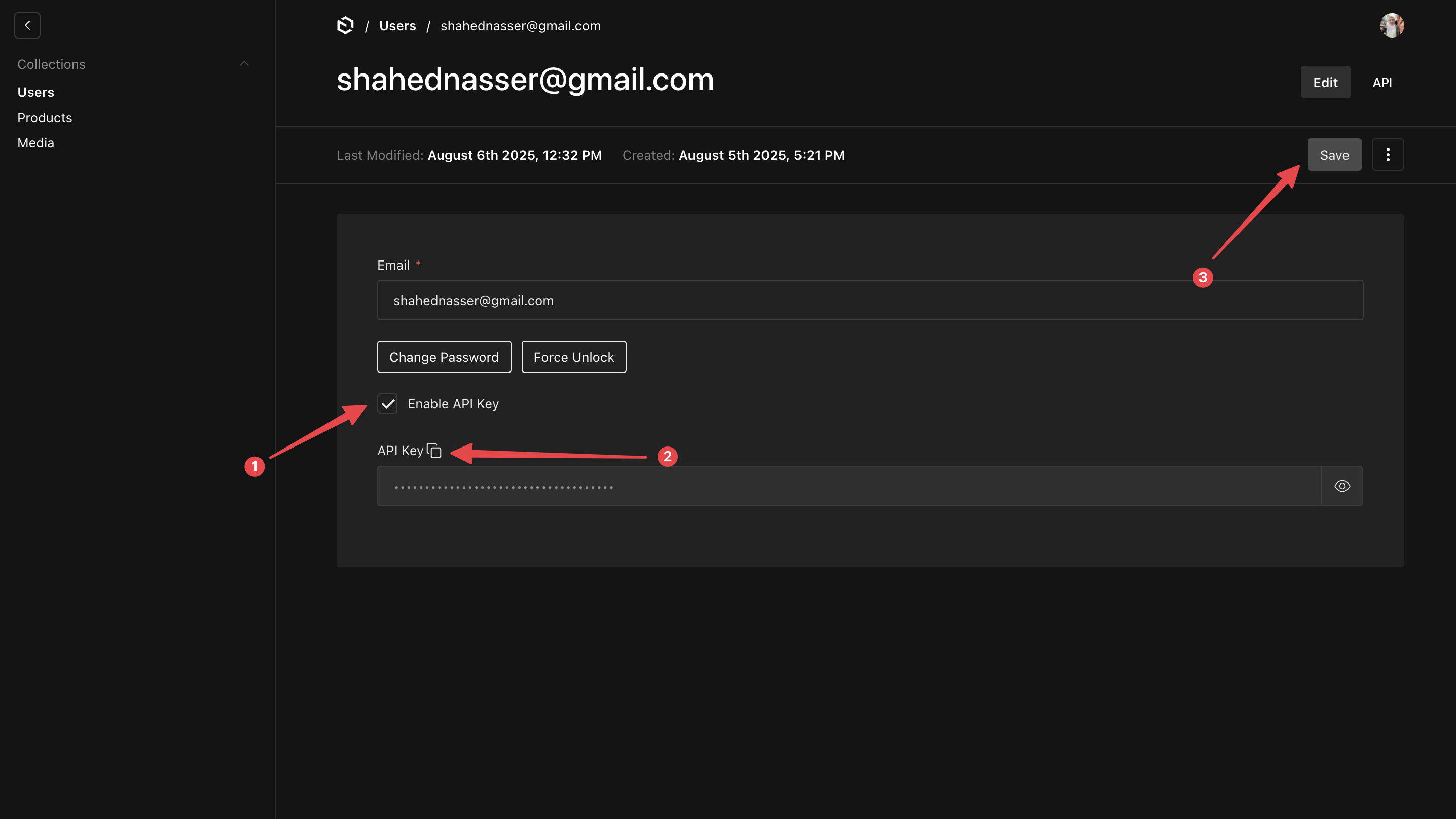 The user form with the API key enabled