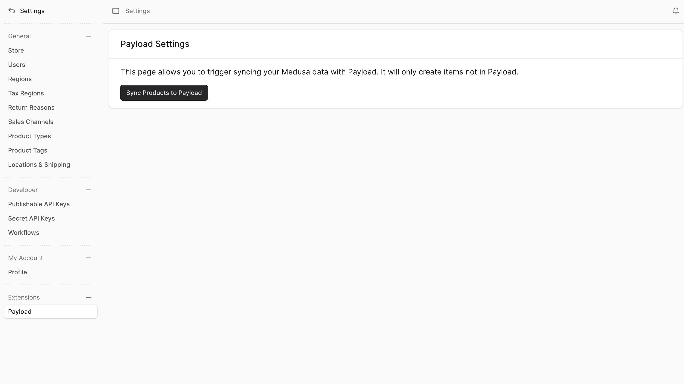 The Payload Settings page with the Sync Products button