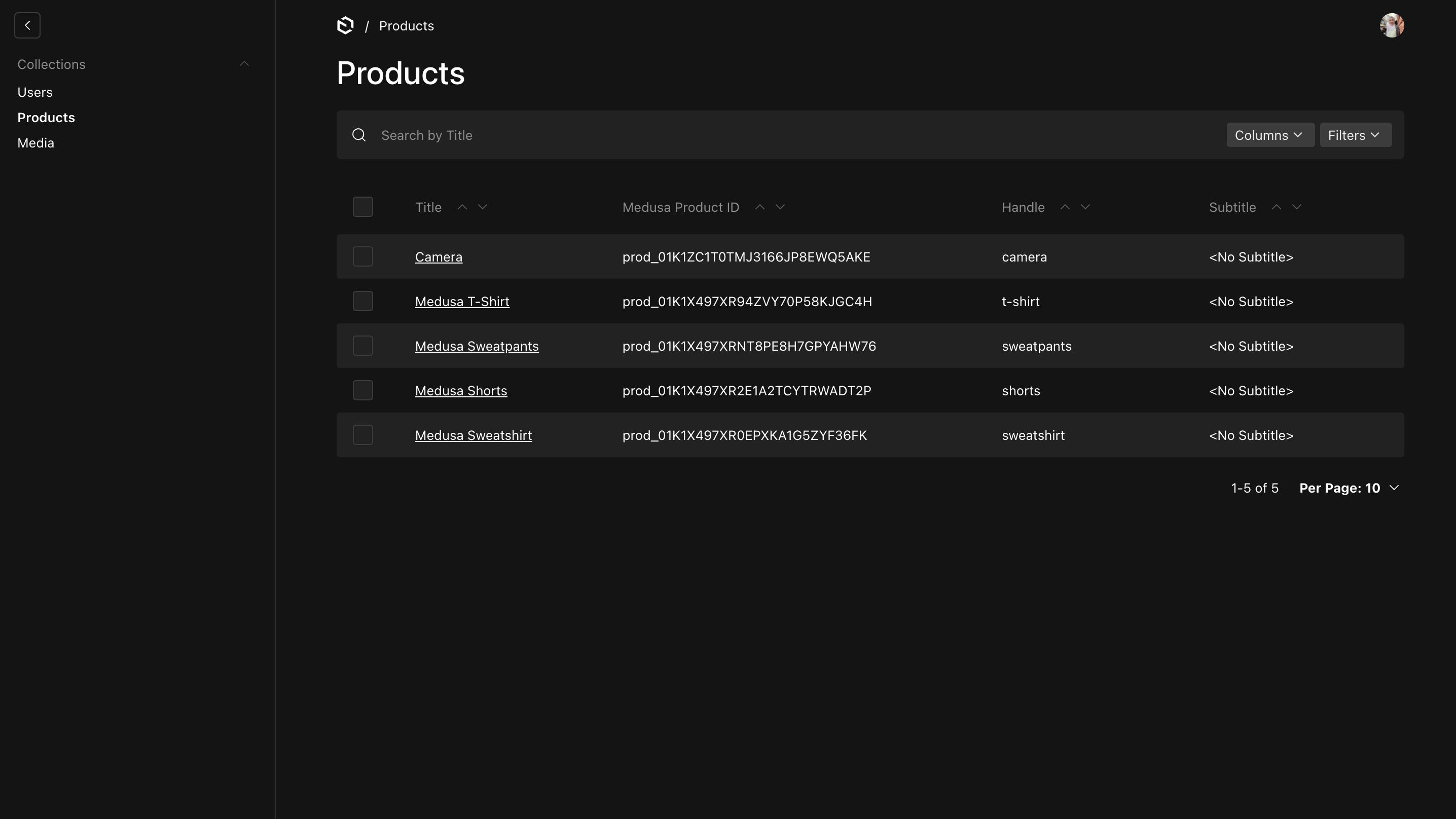 The Products collection in Payload with Medusa products