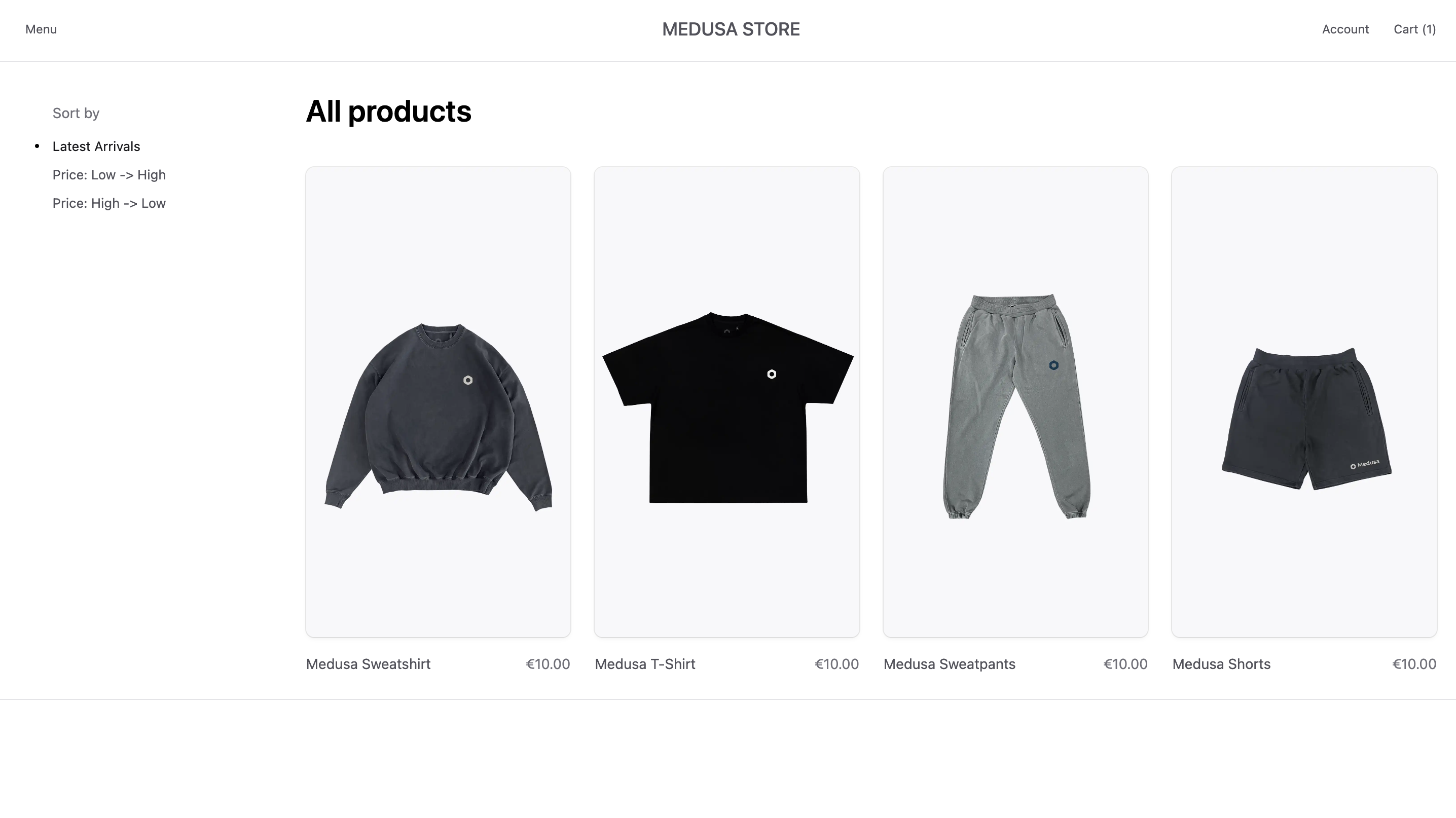Product listing page in the storefront showing details from Payload