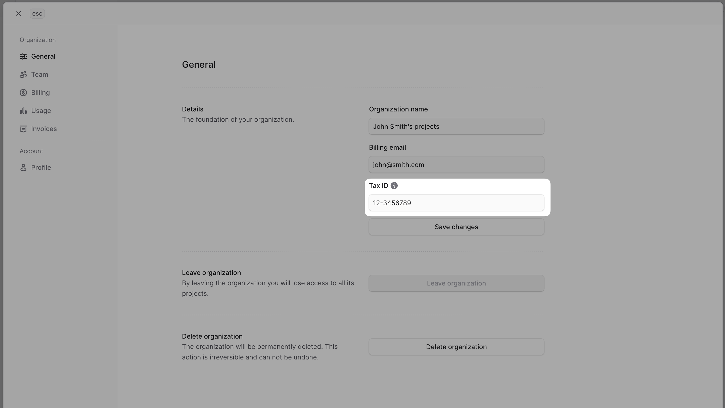 Tax ID field highlighted in the General settings