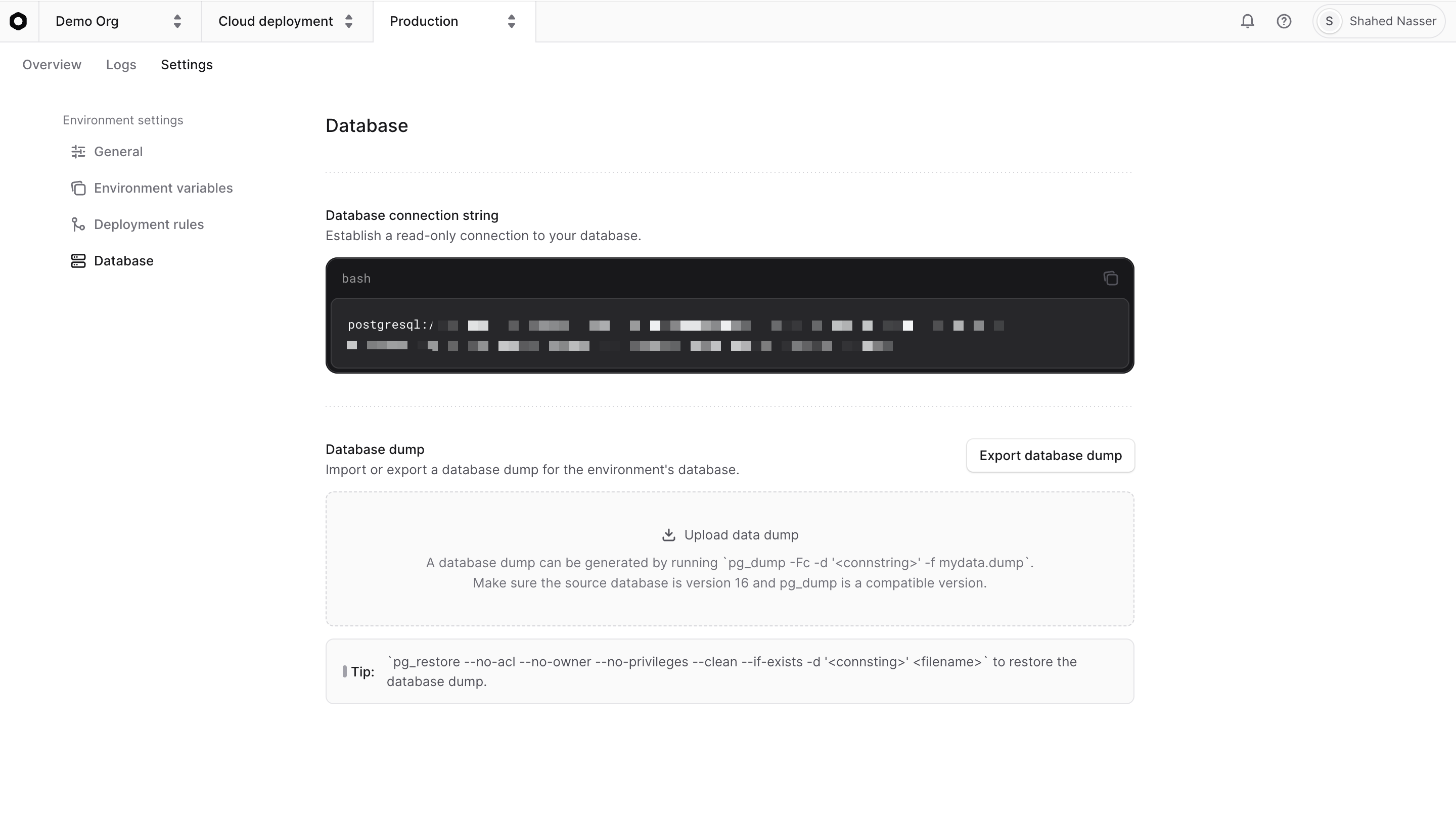 Read-only connection string in Database settings