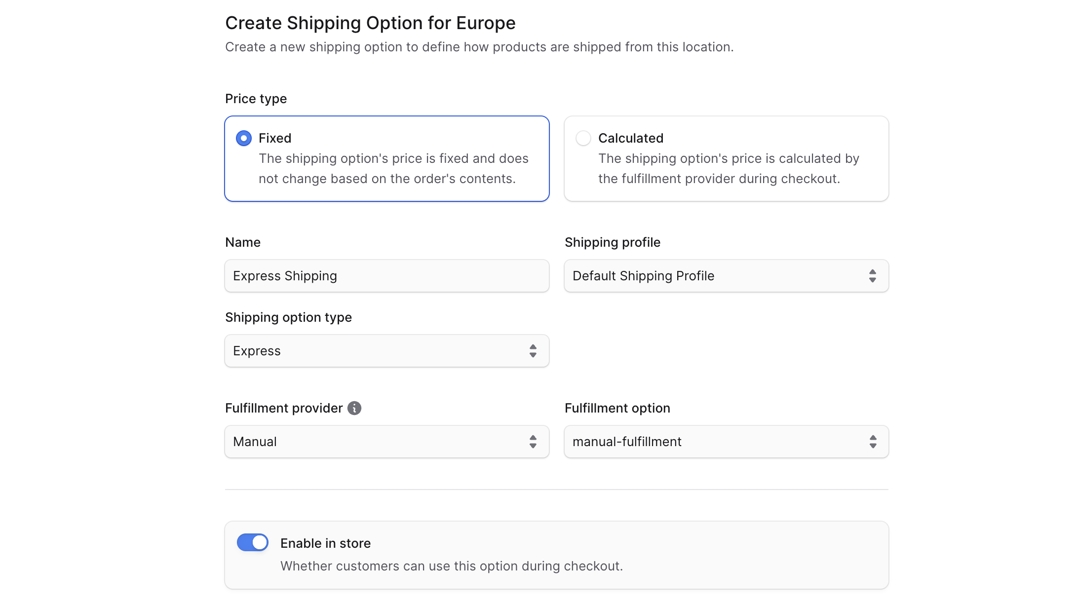 Create shipping option form step 1
