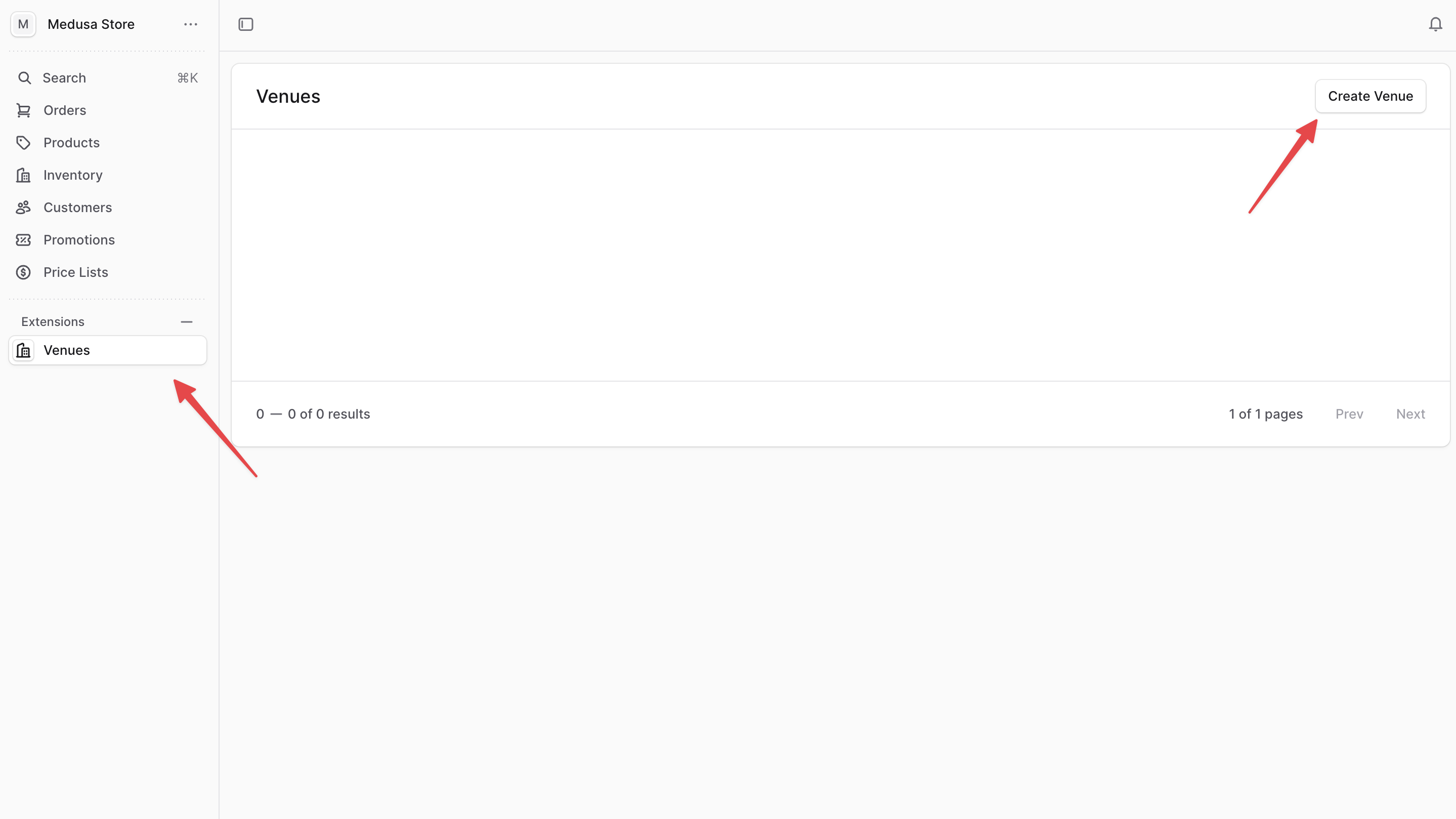 Venues Page in the Medusa Admin with an empty table