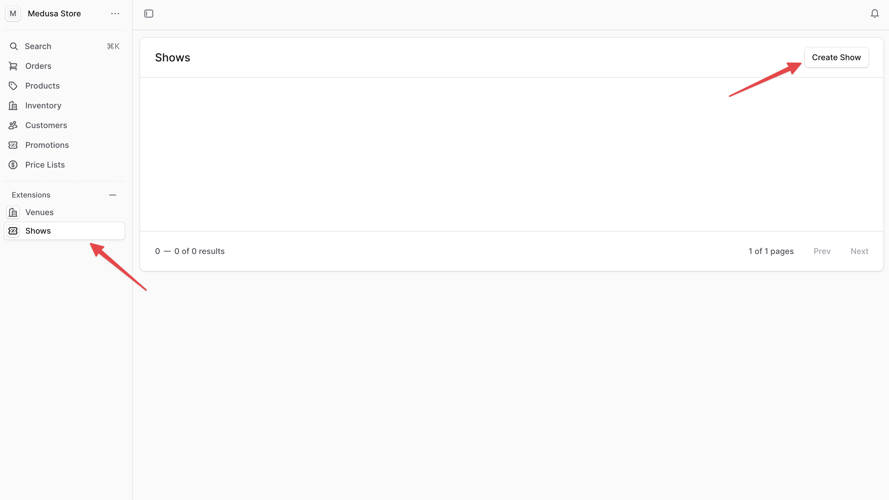 Shows page with the table of ticket products and a button to create a new show