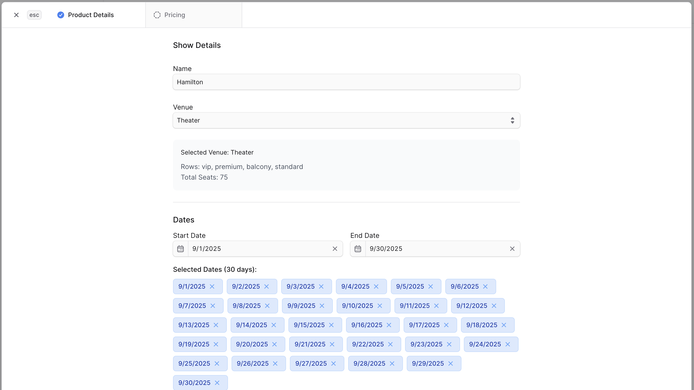 Create Show modal with the Product Details step