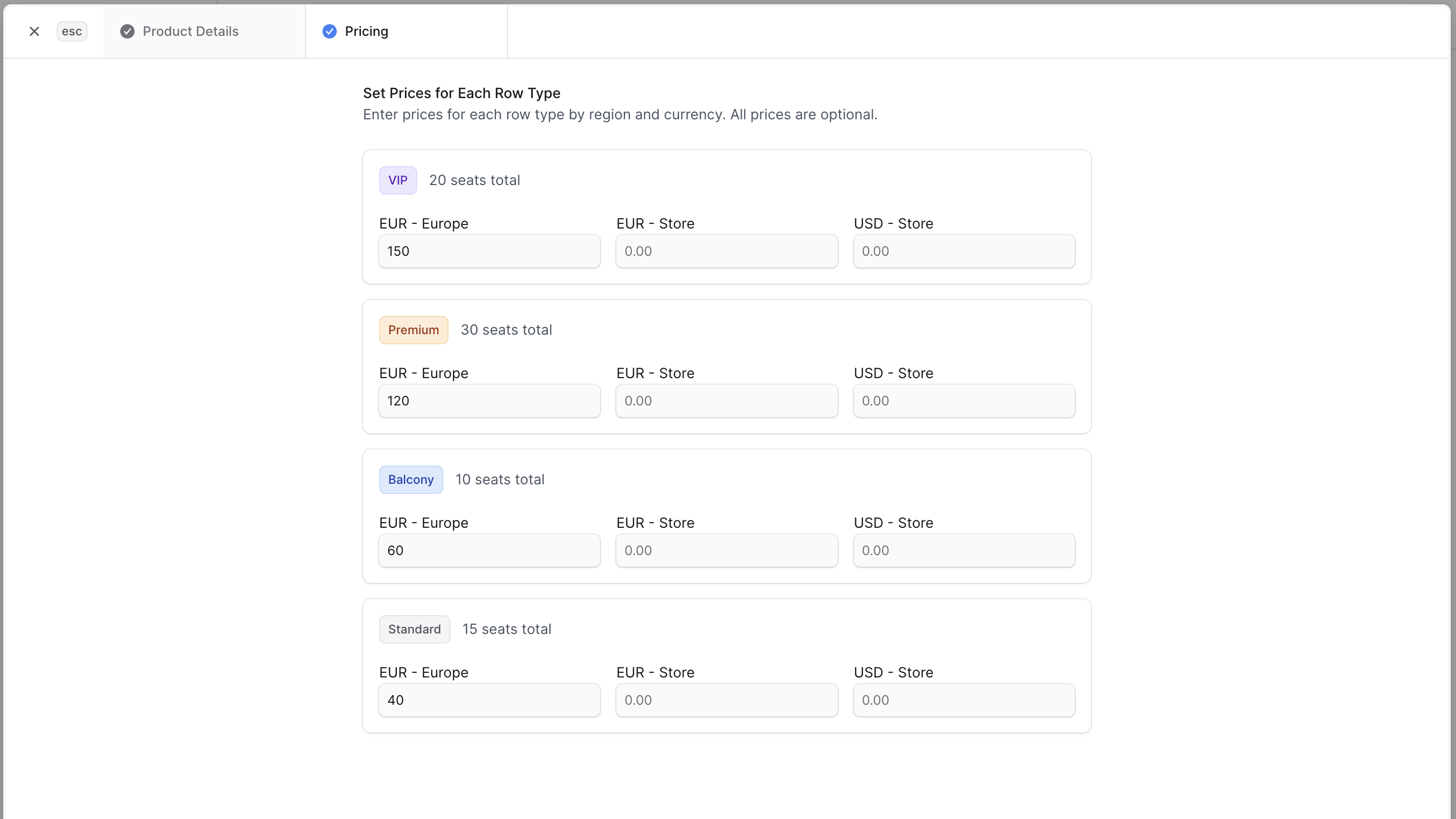 Create Show modal with the Pricing step
