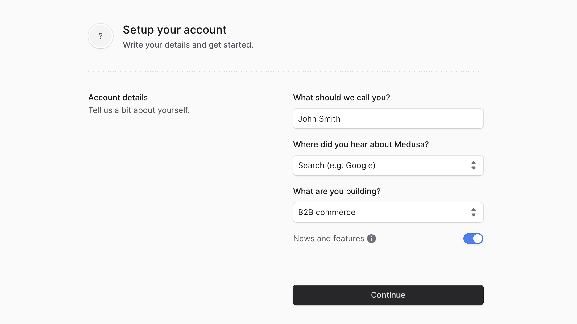 Account details form with name, referral, use case, and newsletter options