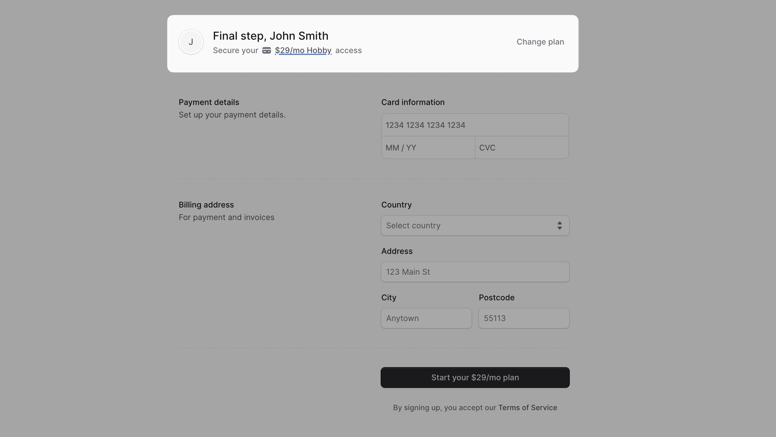 Plan section with the Hobby plan selected