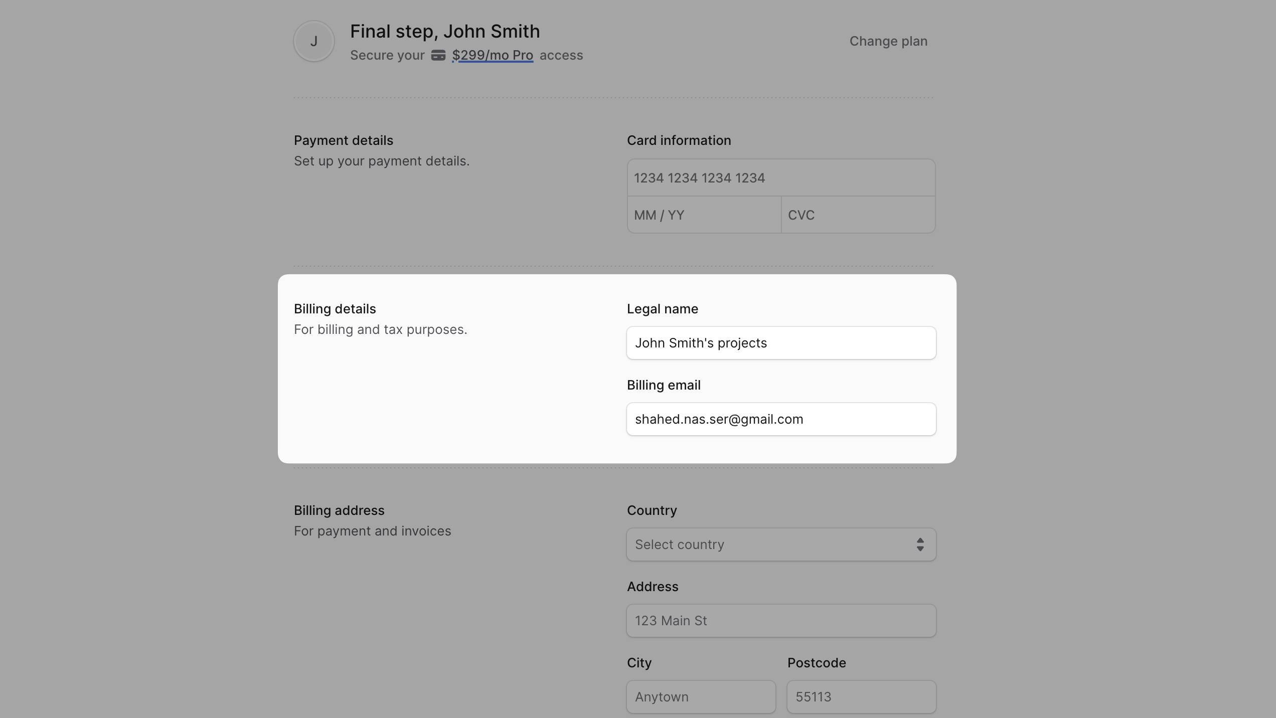 Billing details form with legal name and billing email fields