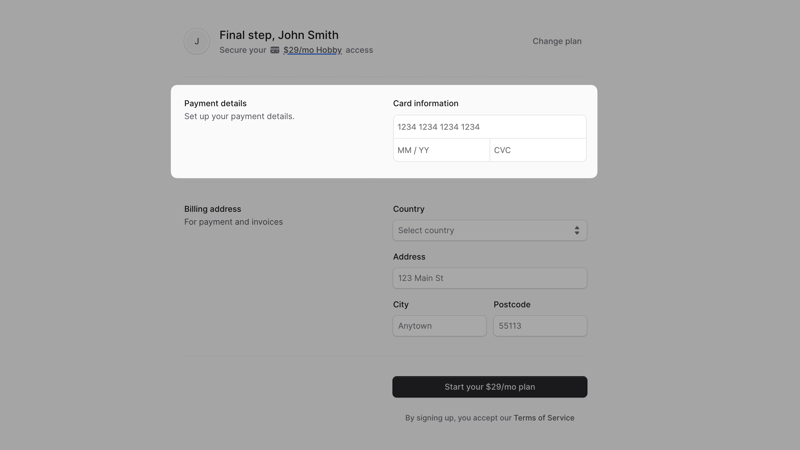 Payment details form with card number, expiry date, and CVC fields