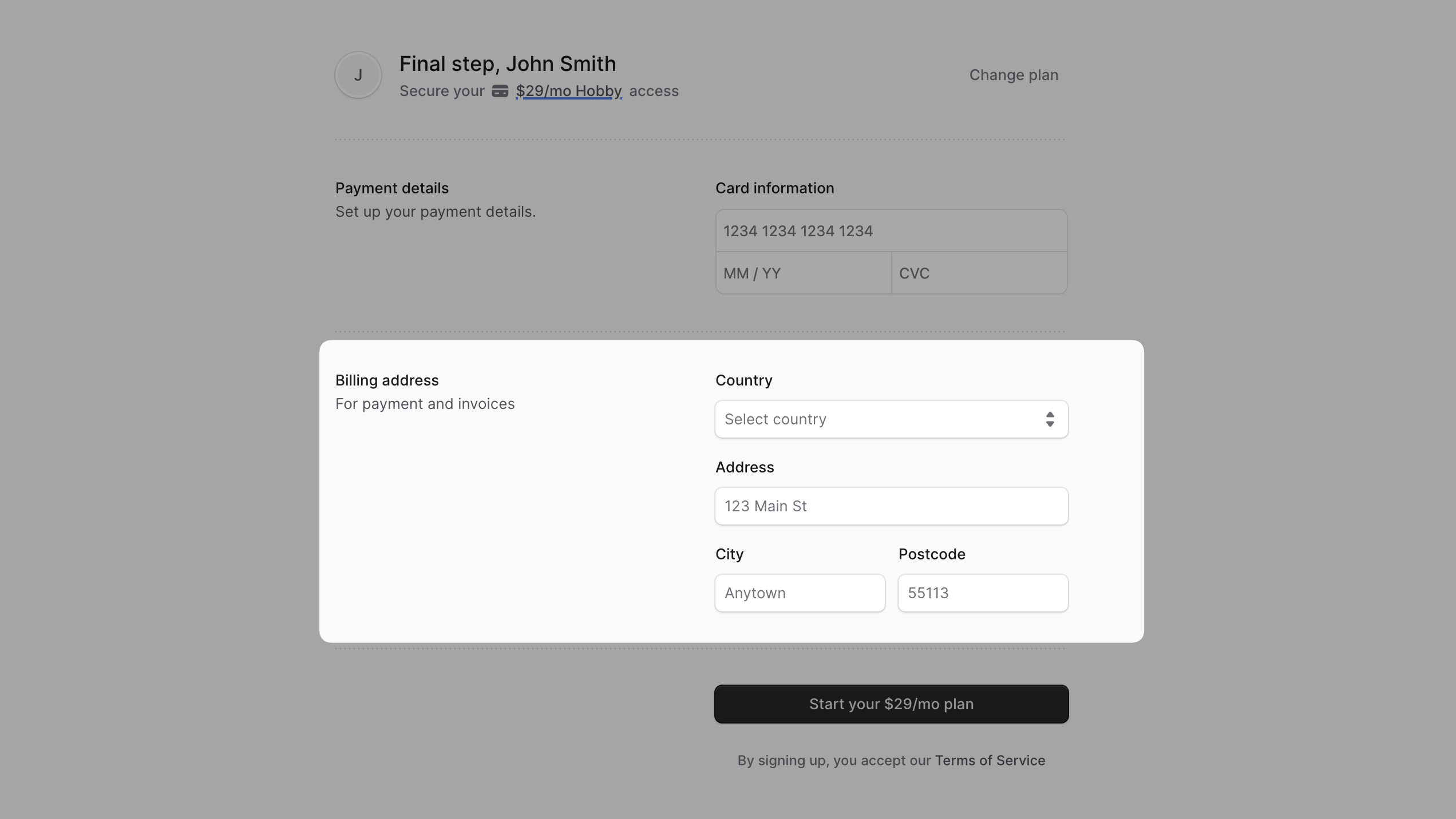 Billing address form with country, address, city, state, and postal code fields