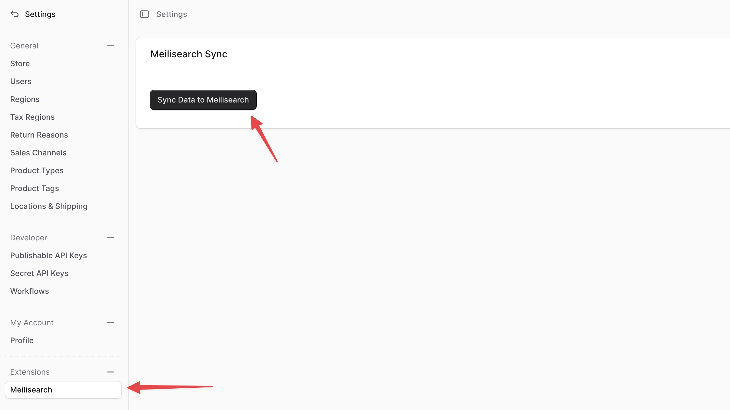 The Meilisearch Sync page in the Medusa Admin dashboard with a button to sync products to Meilisearch