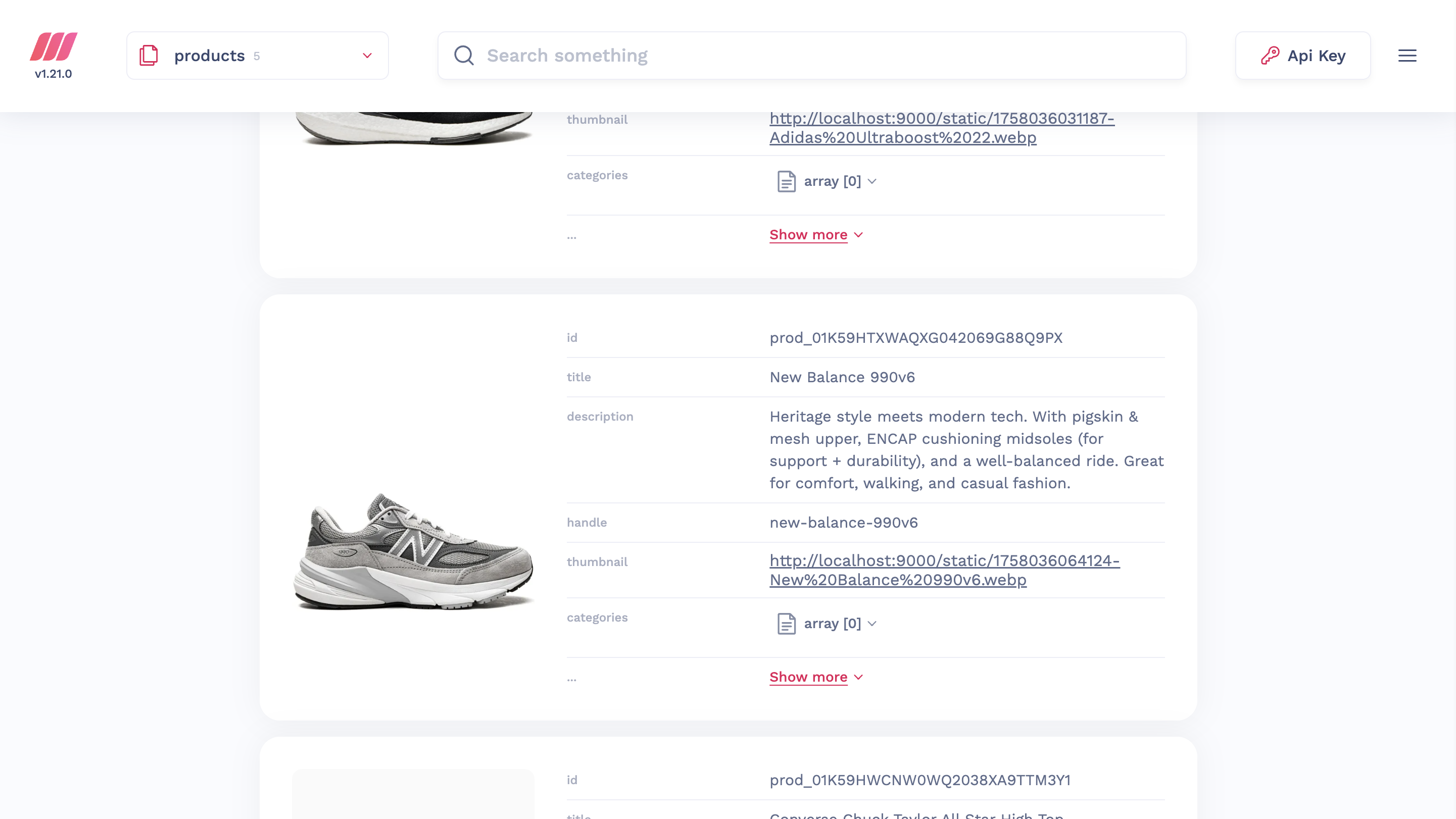 The Meilisearch dashboard showing the indexed products