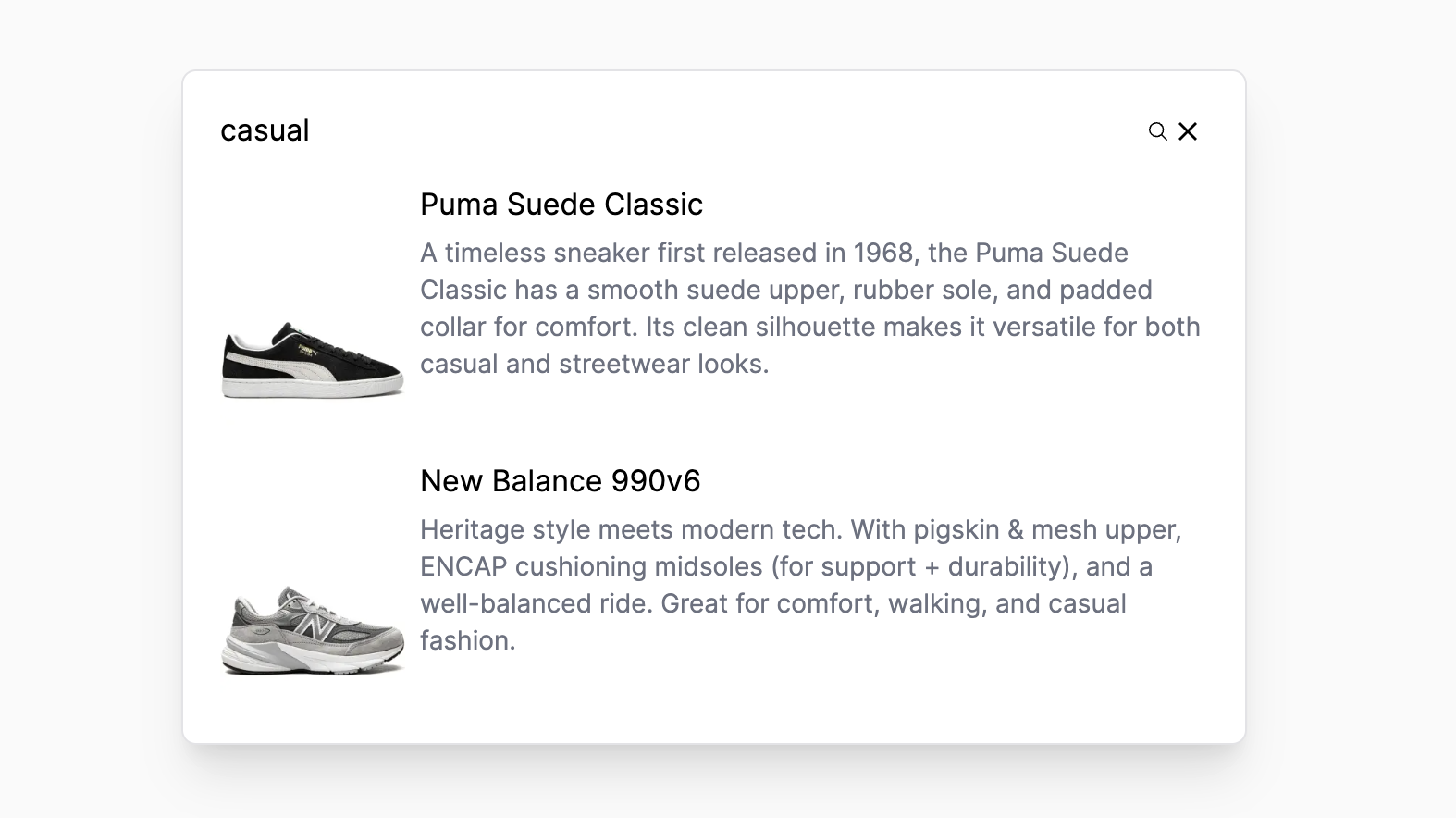 The Next.js Starter Storefront showing the search modal with search results