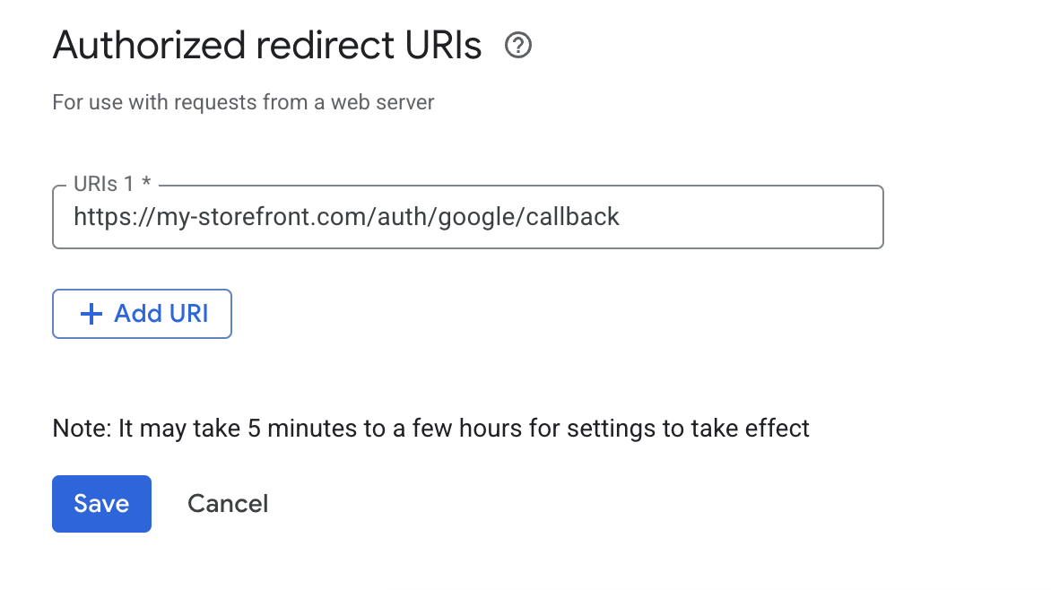 Google OAuth credentials settings showing the Redirect URI field