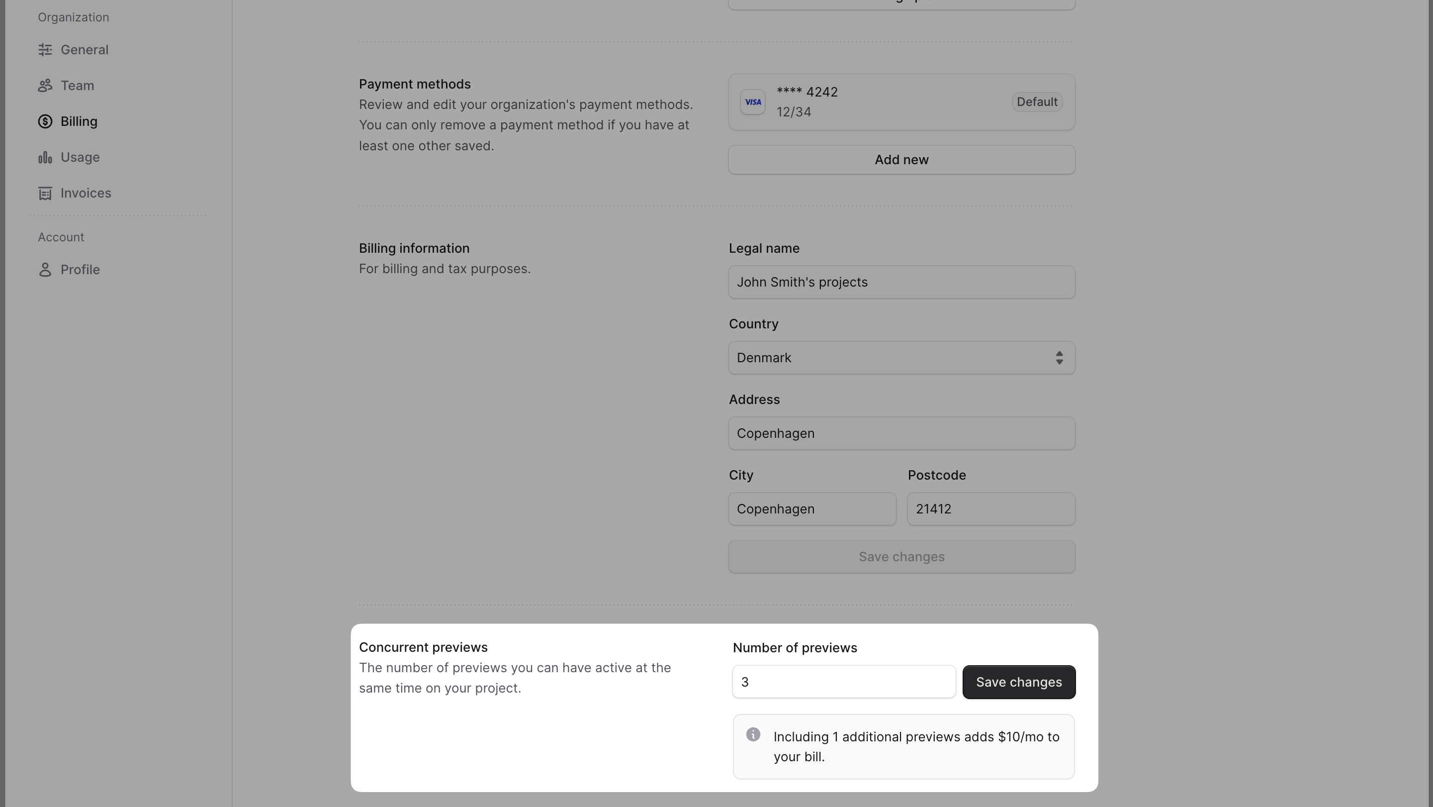Concurrent previews section in the Billing settings