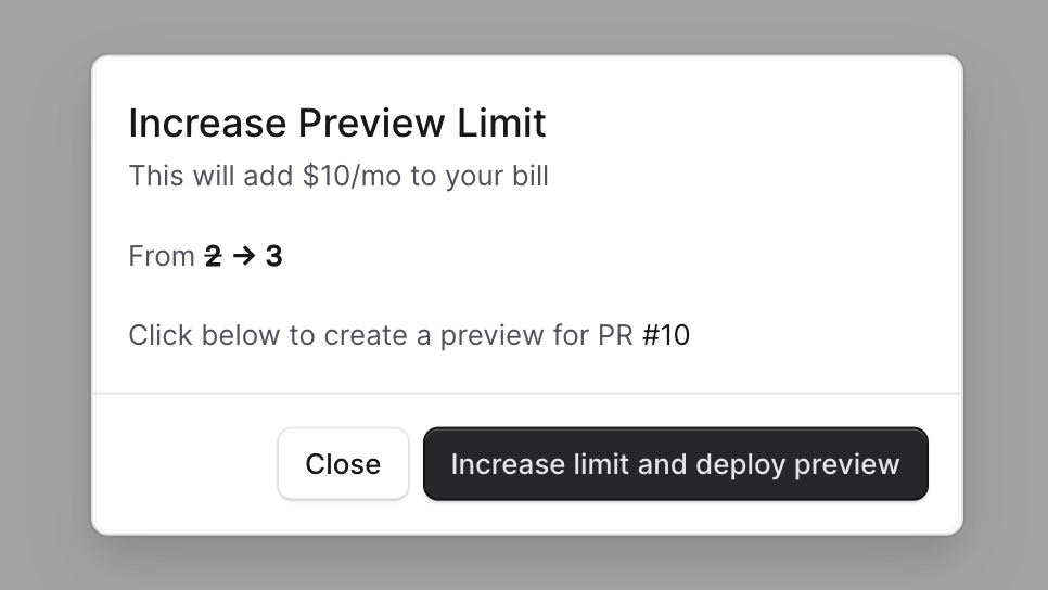 Provision preview environments pop-up in the project dashboard