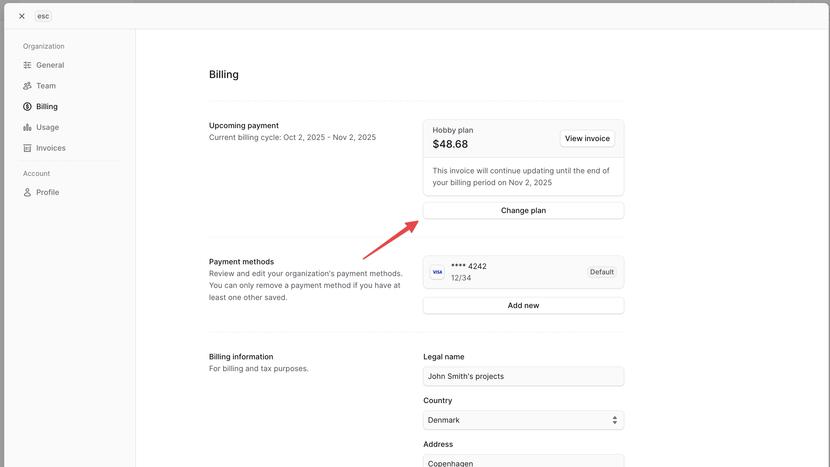 Change plan button in the Billing settings