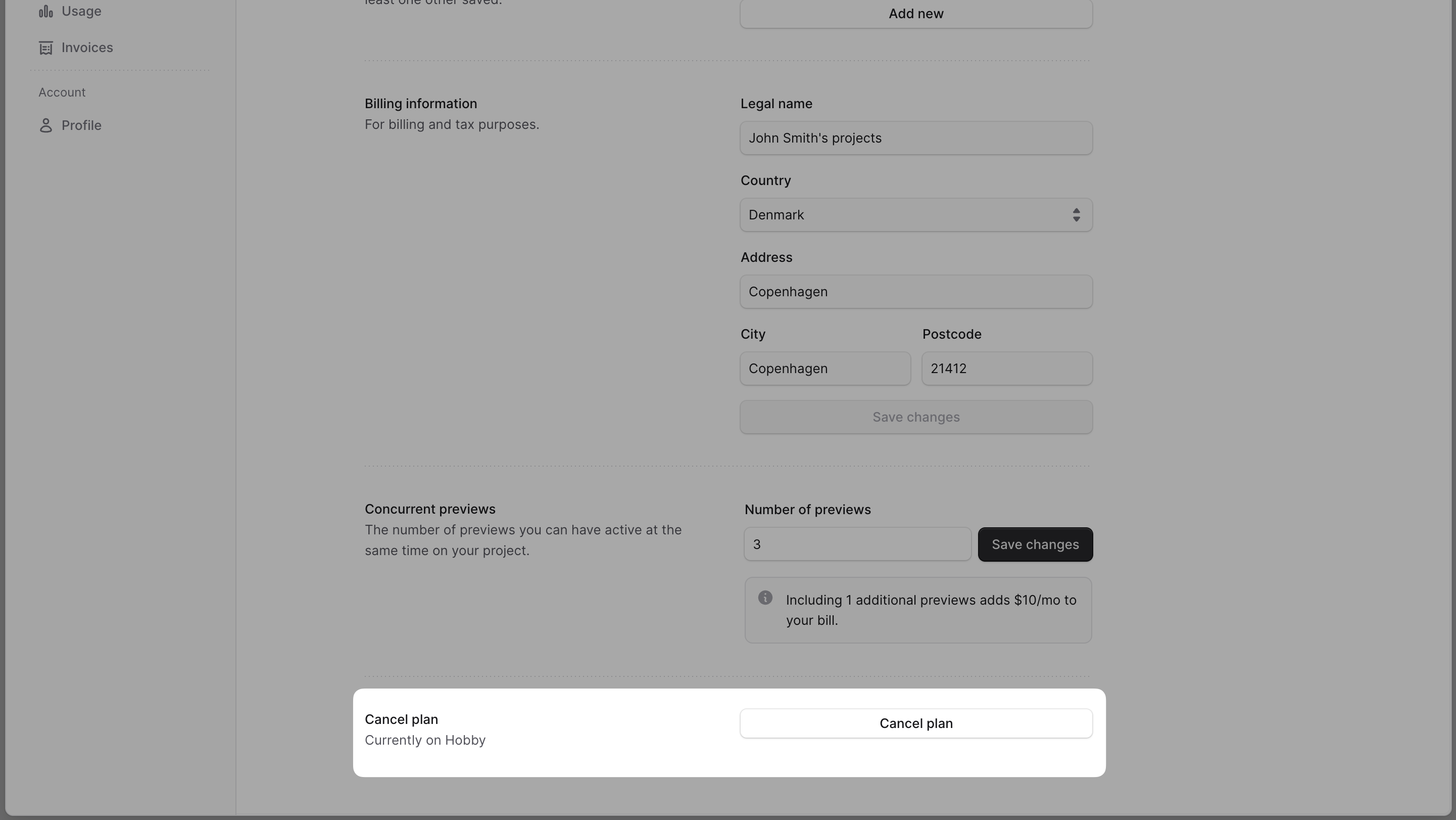 Cancel plan section in the Billing settings