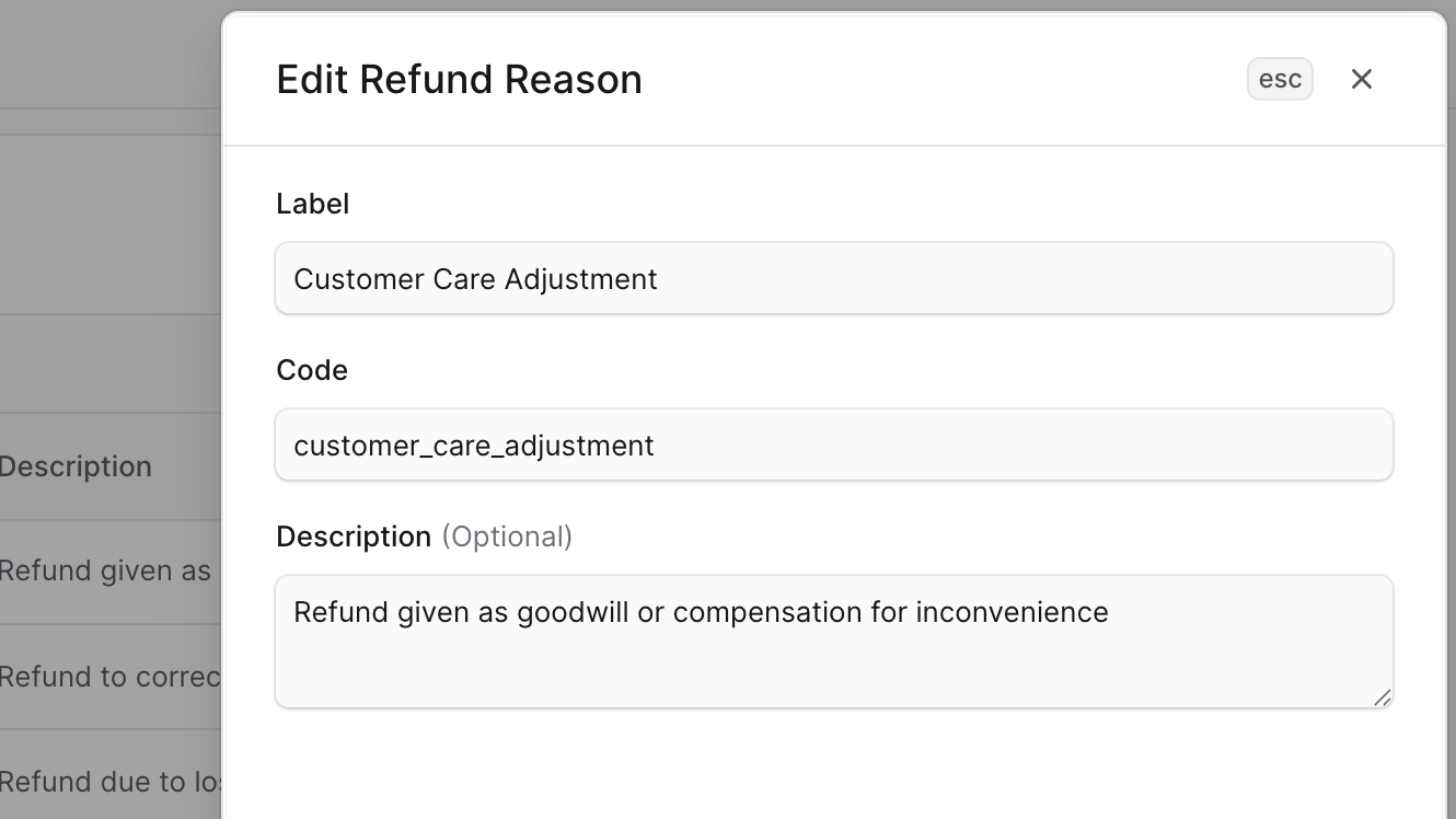 Edit refund reason form