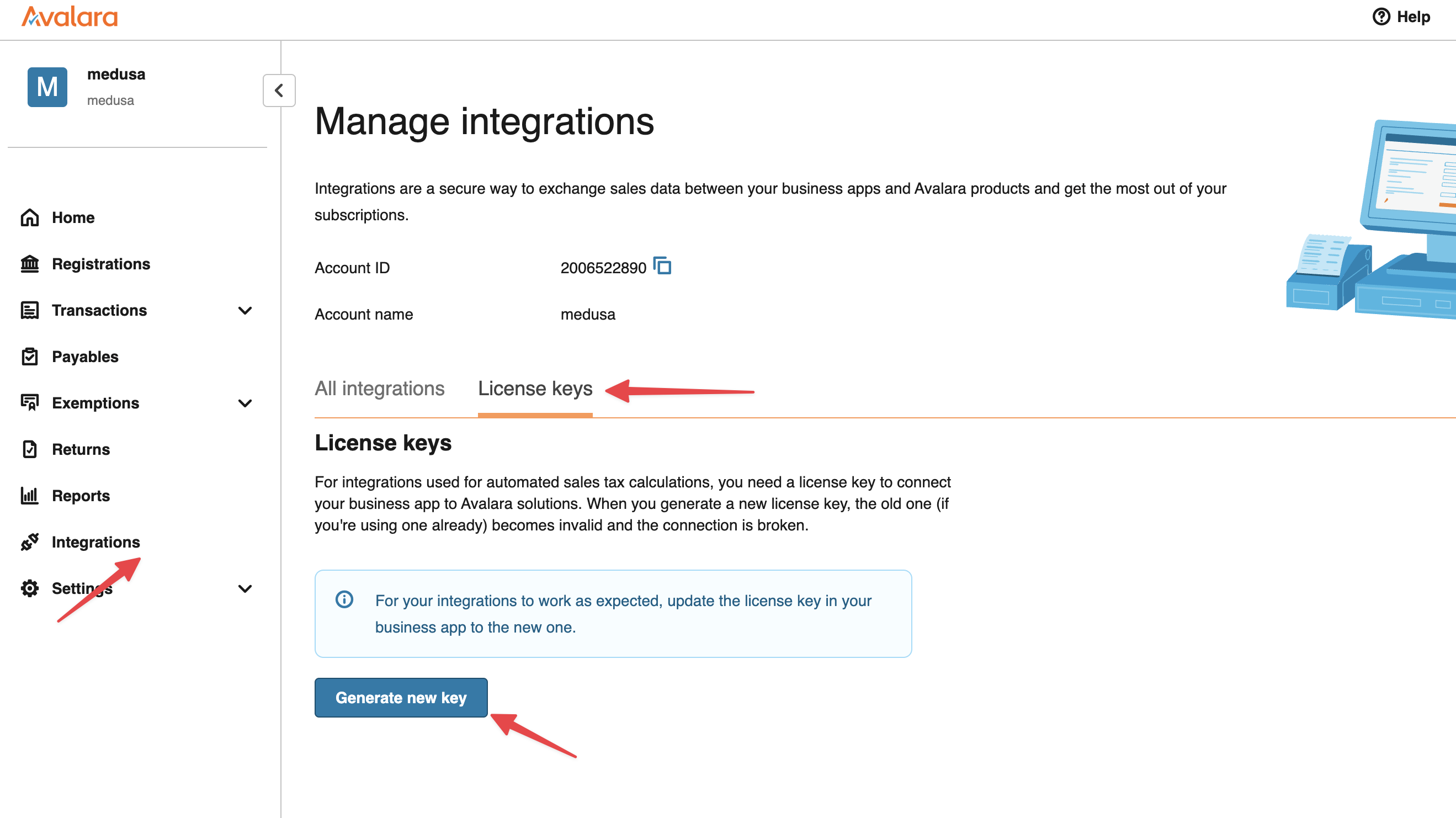 The Avalara license key tab with the "Generate new key" button