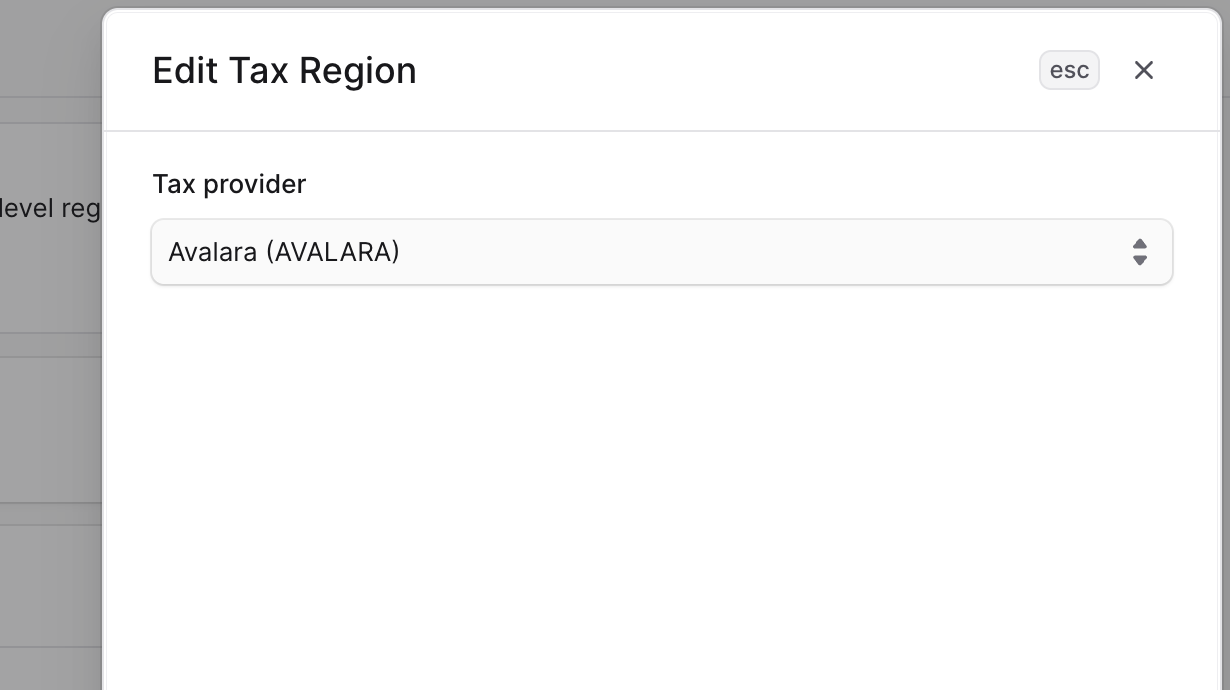 Setting Avalara as the tax provider for a region in the Medusa Admin dashboard