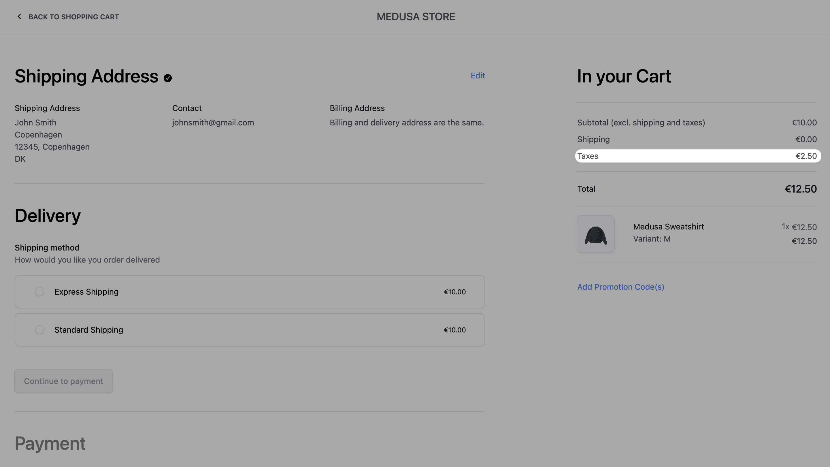 Taxes calculated during checkout in the Next.js Starter Storefront