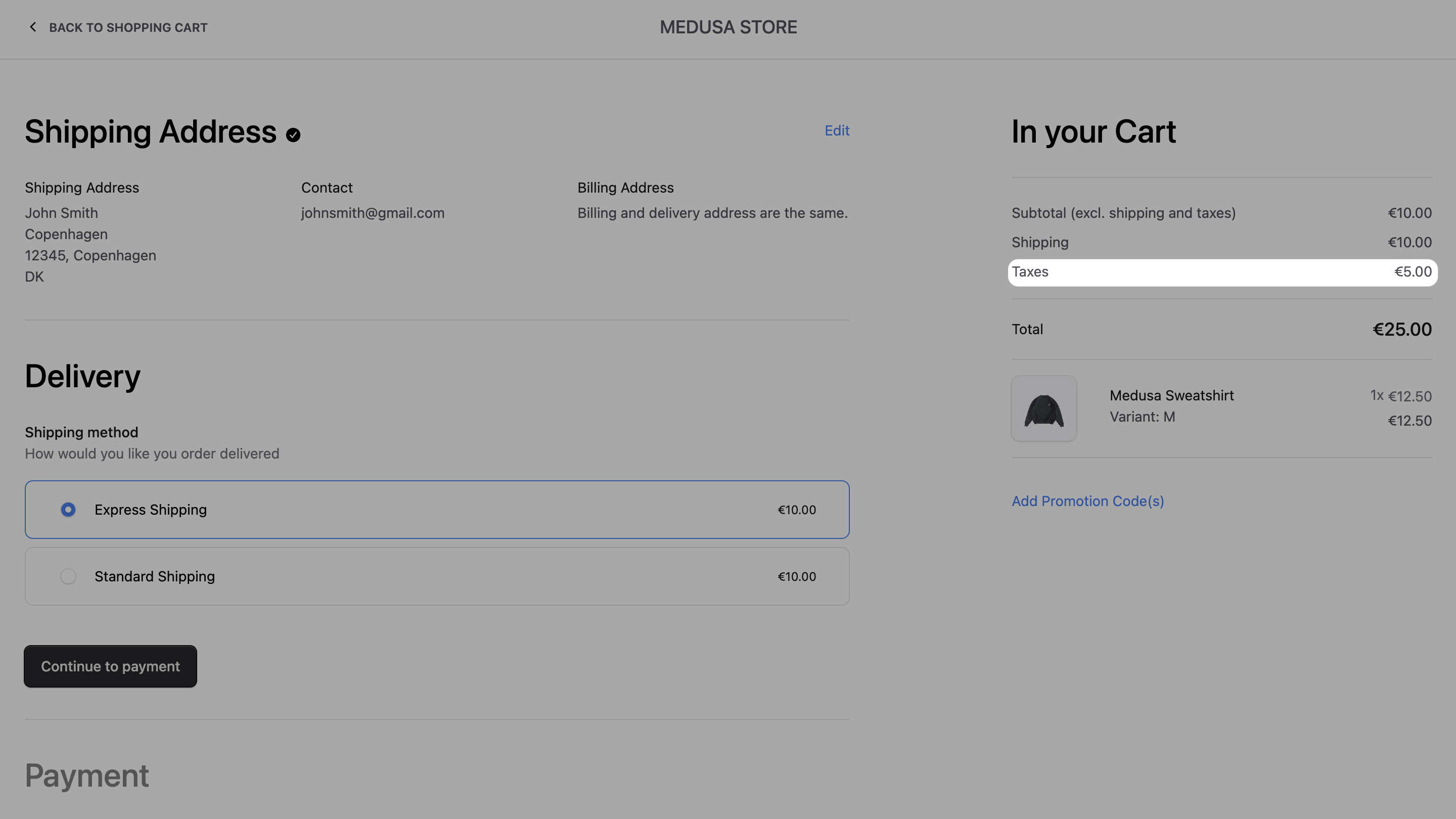 Taxes updated based on the selected shipping method during checkout in the Next.js Starter Storefront