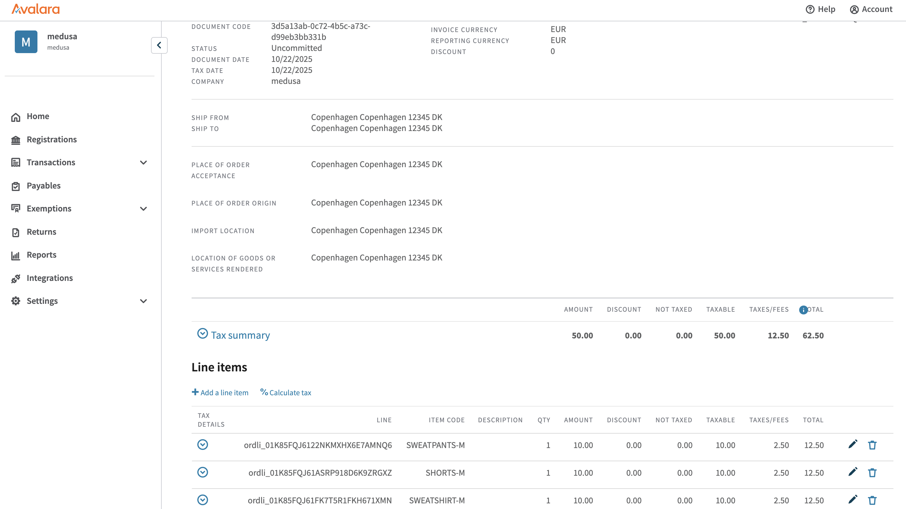The transaction's details in the Avalara dashboard showing the calculated taxes for the order