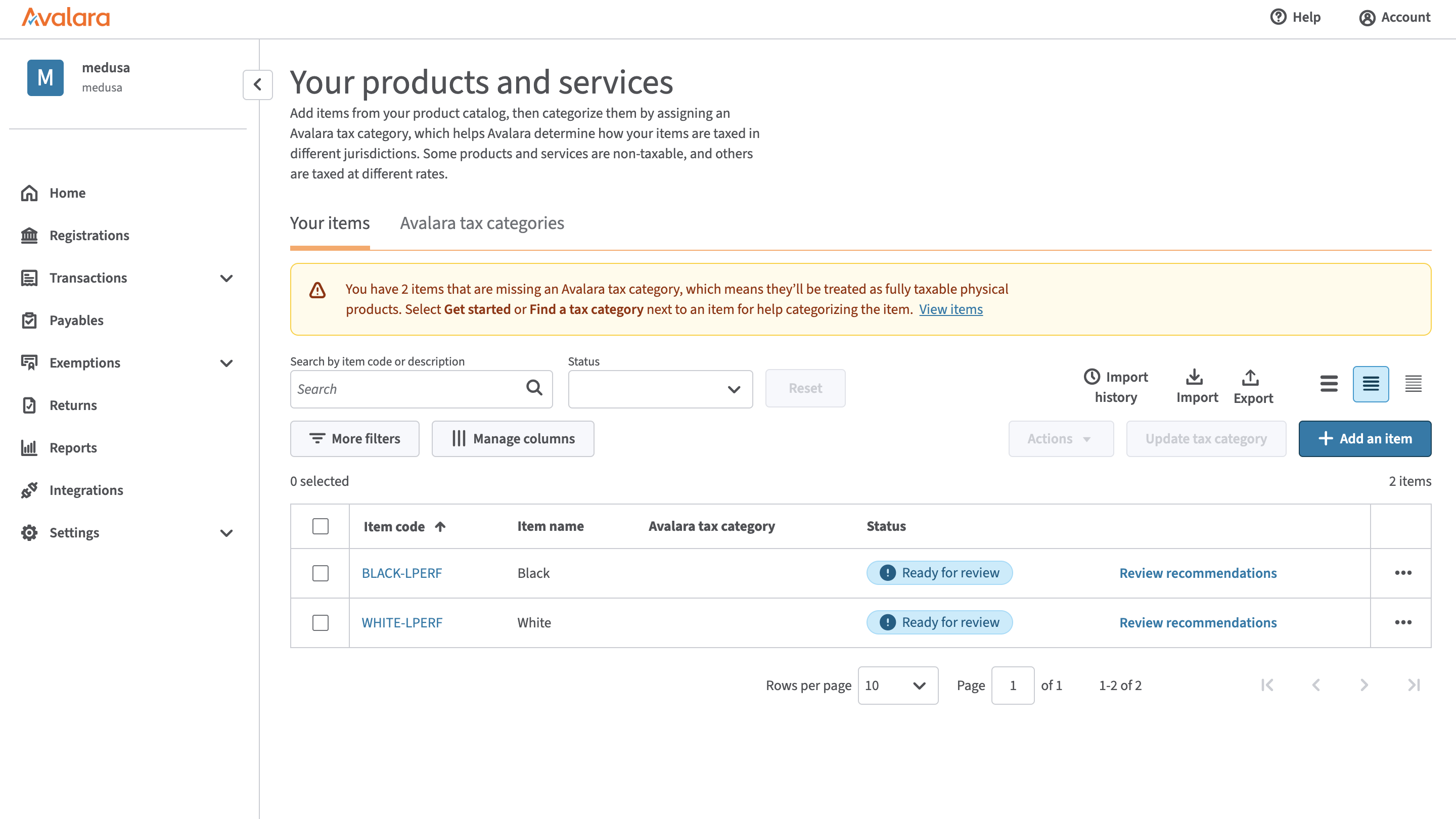 The list of items in the Avalara dashboard showing the item created for the product