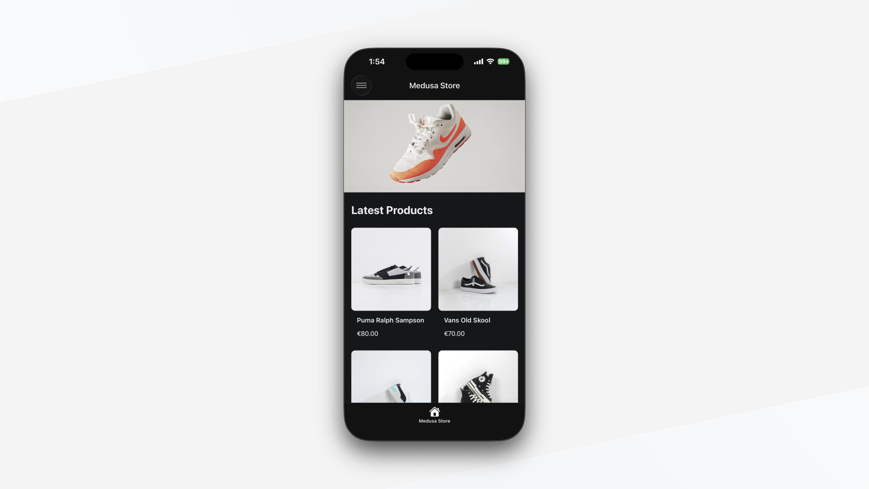 Home screen showing the hero image and list of products