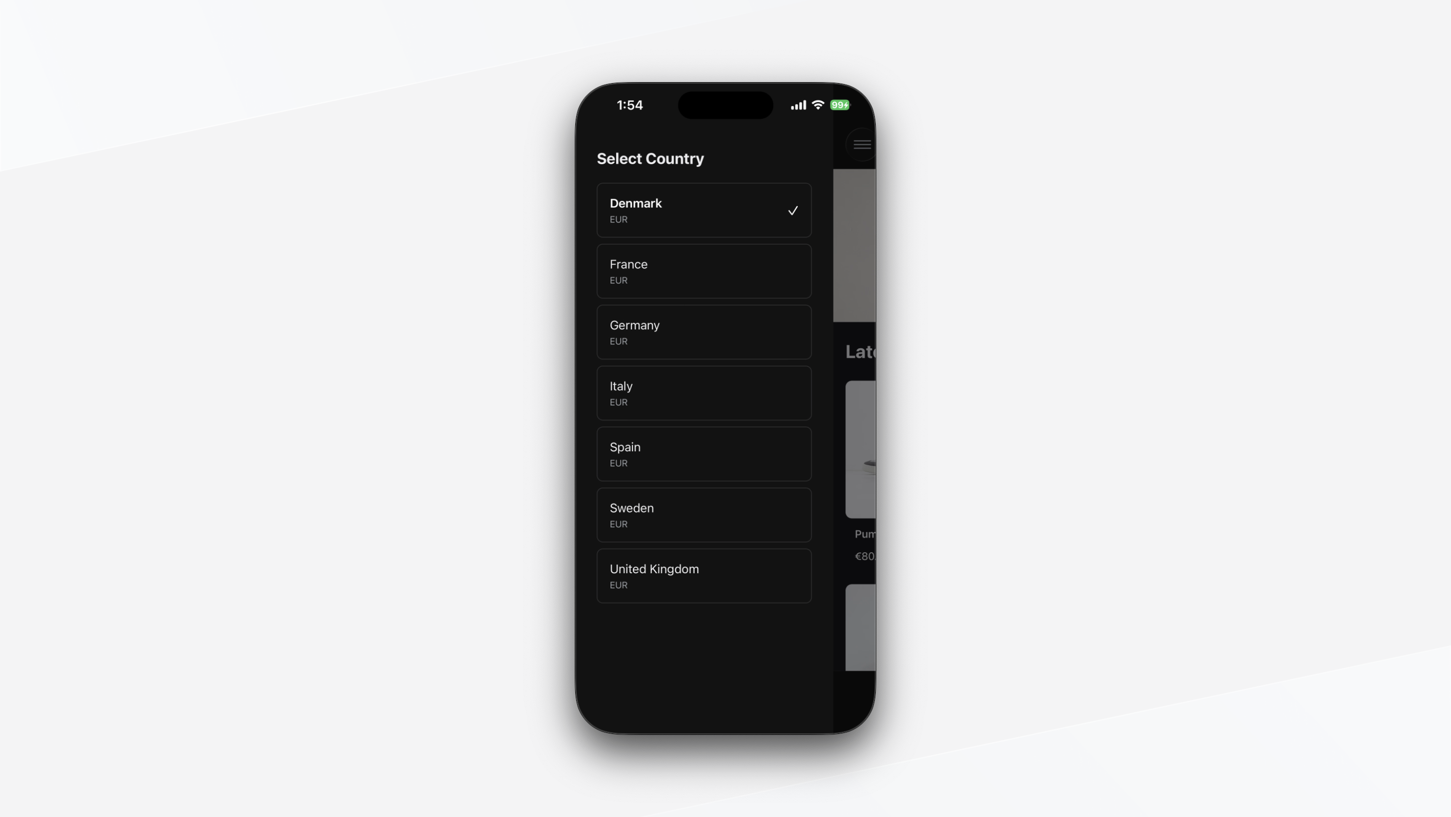 Drawer navigator showing the region selector