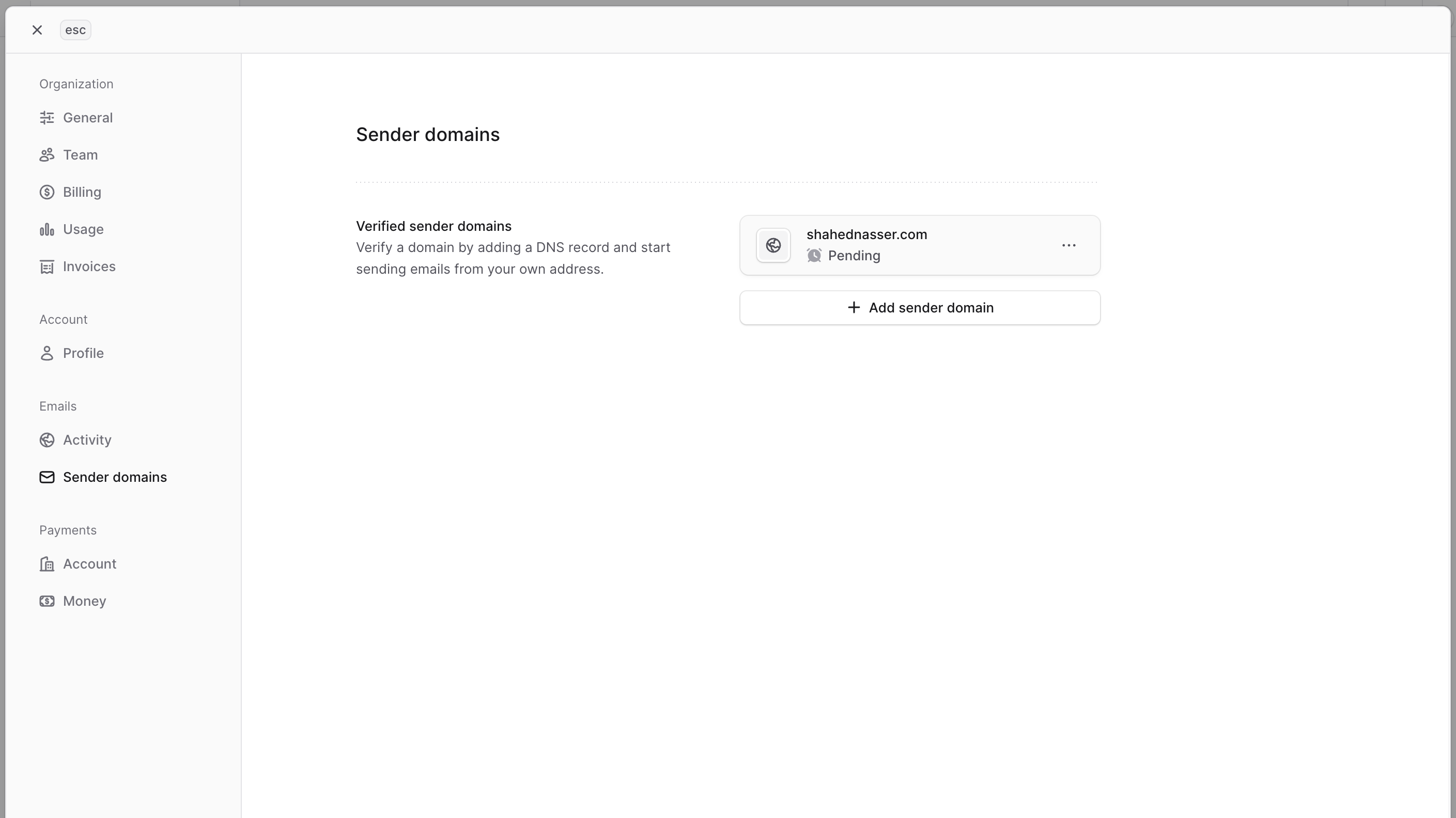 Sender Domains page with the sender domain added