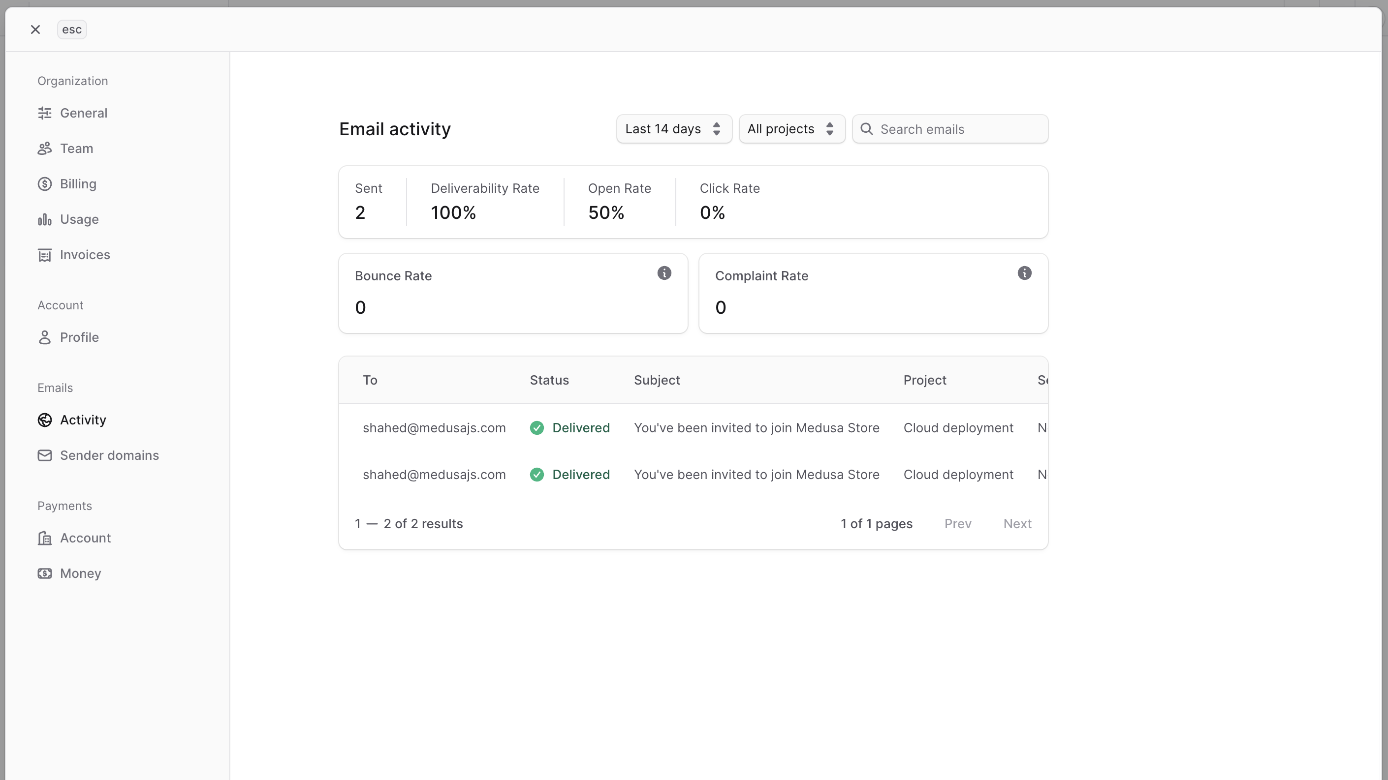 Email Activity page showing email sending statistics and a list of sent emails