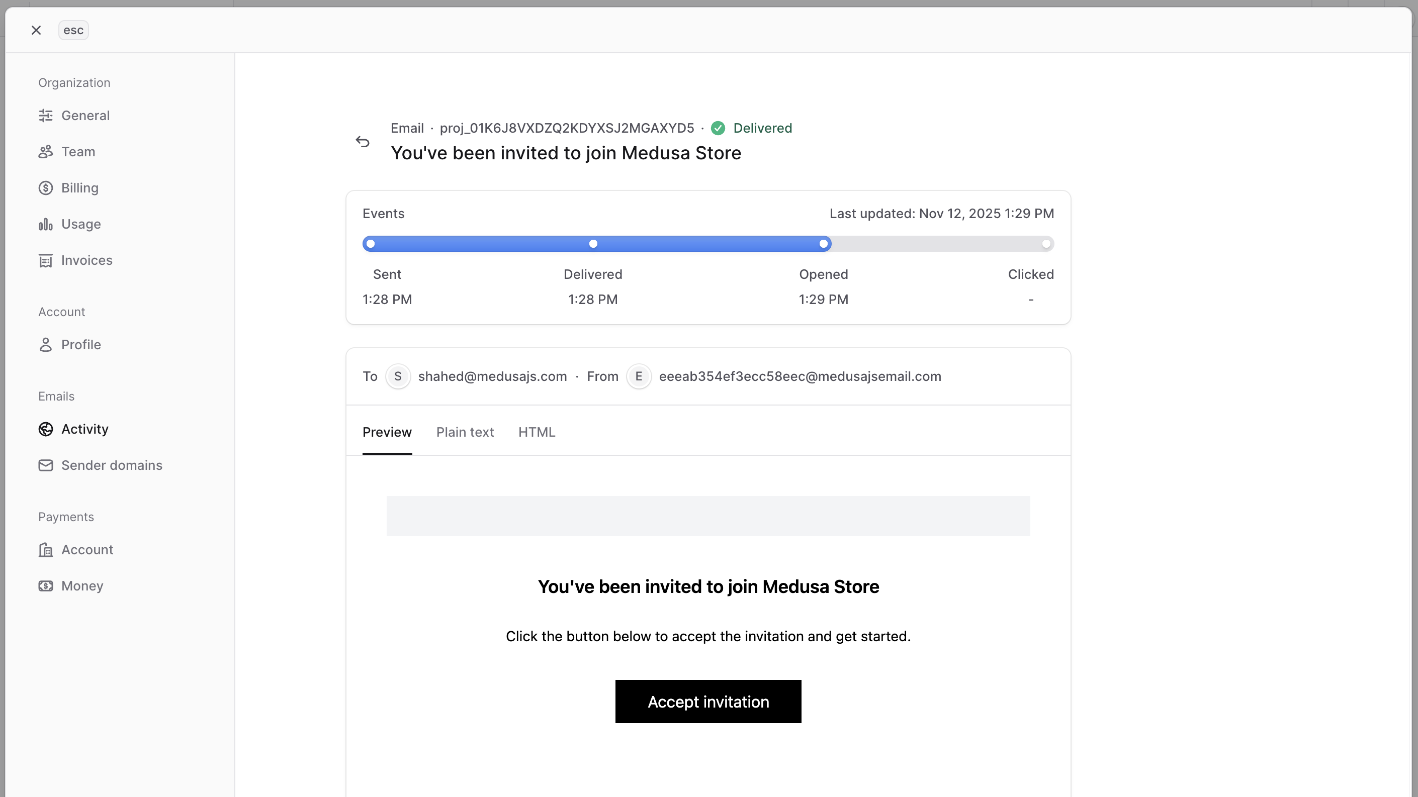 Email Details page showing the email's event history and a preview of the email content