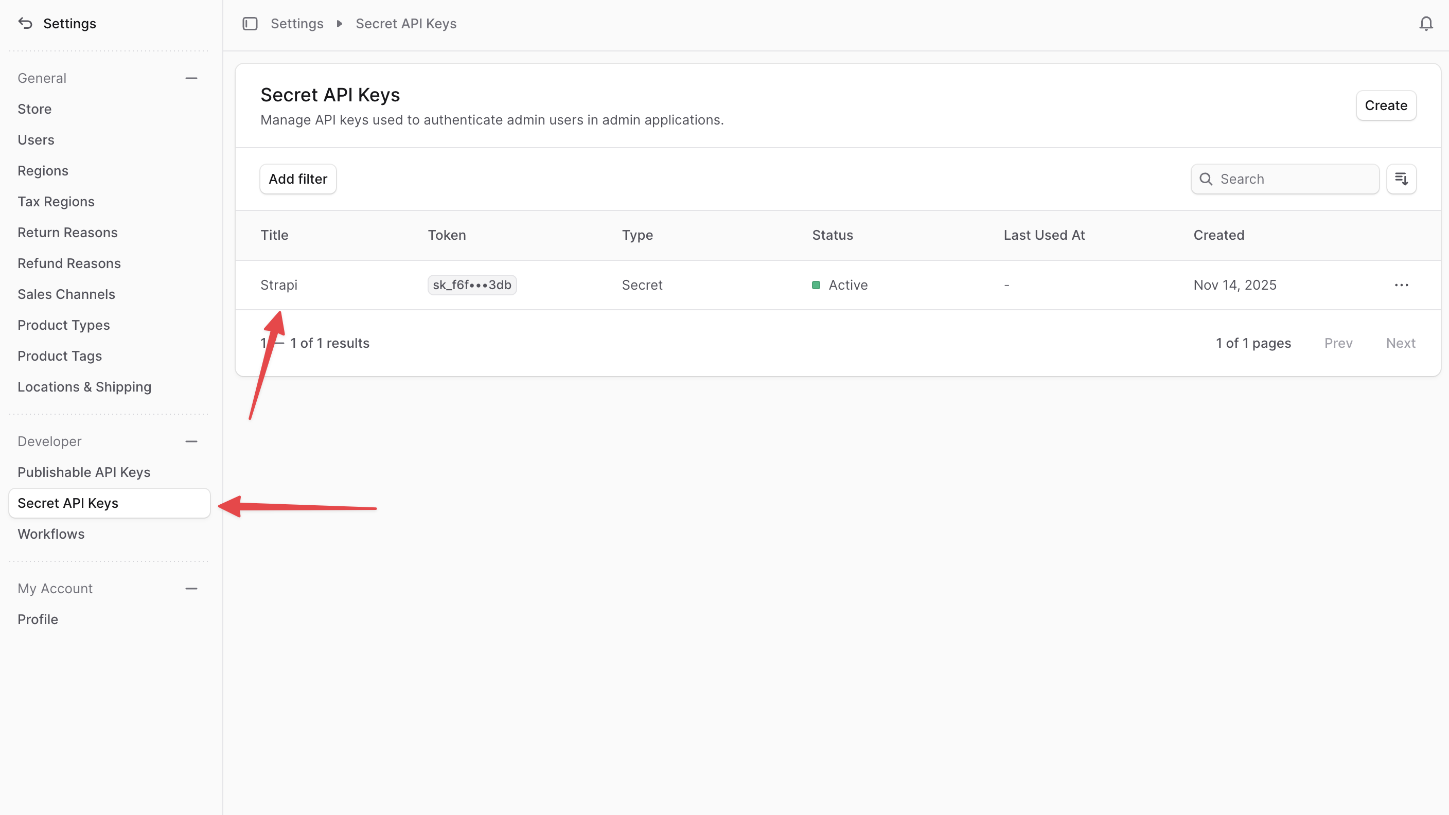 Medusa Admin dashboard with the Secret API Keys page showing the Strapi API key