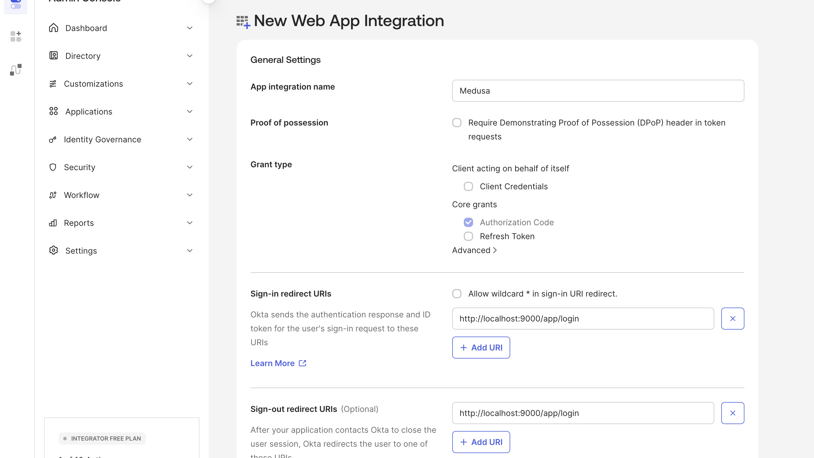 Okta application creation form