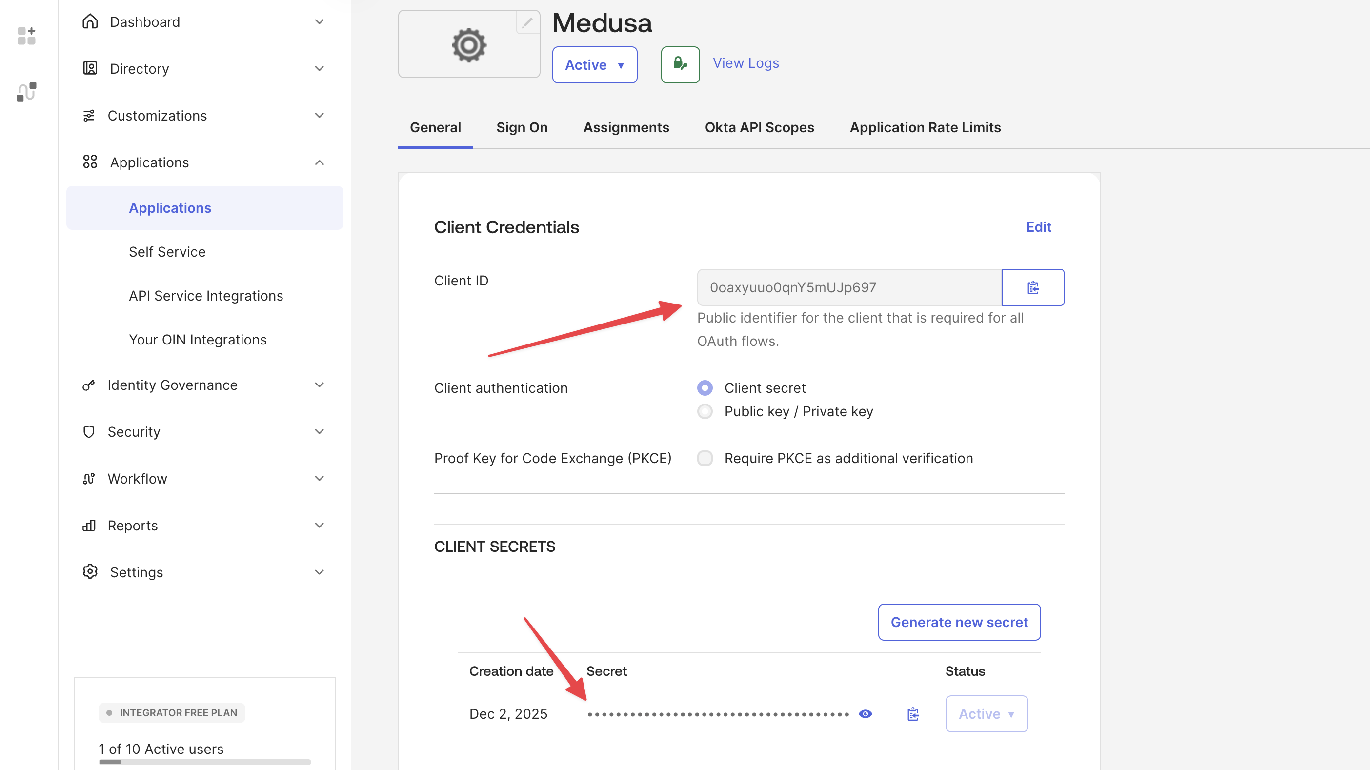 Okta application settings page