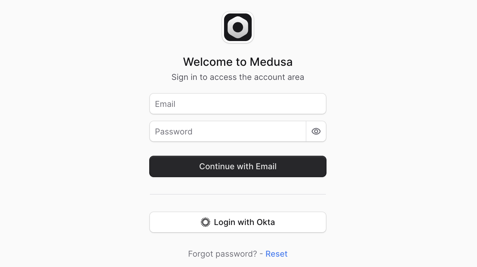 Medusa Admin login page with a "Login with Okta" button